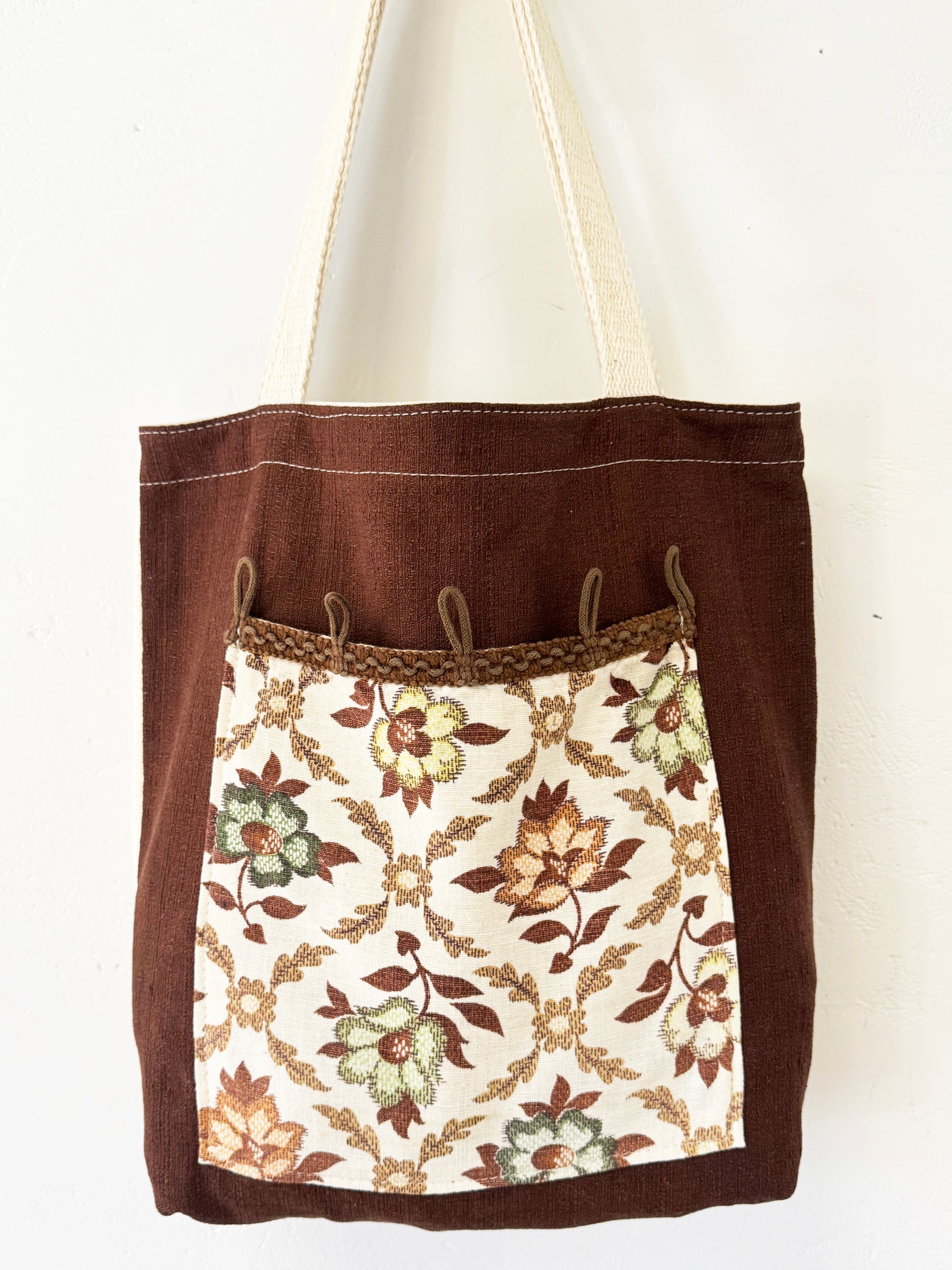 Vintage Brown Bark Cloth + Vintage floral pocket Carry All