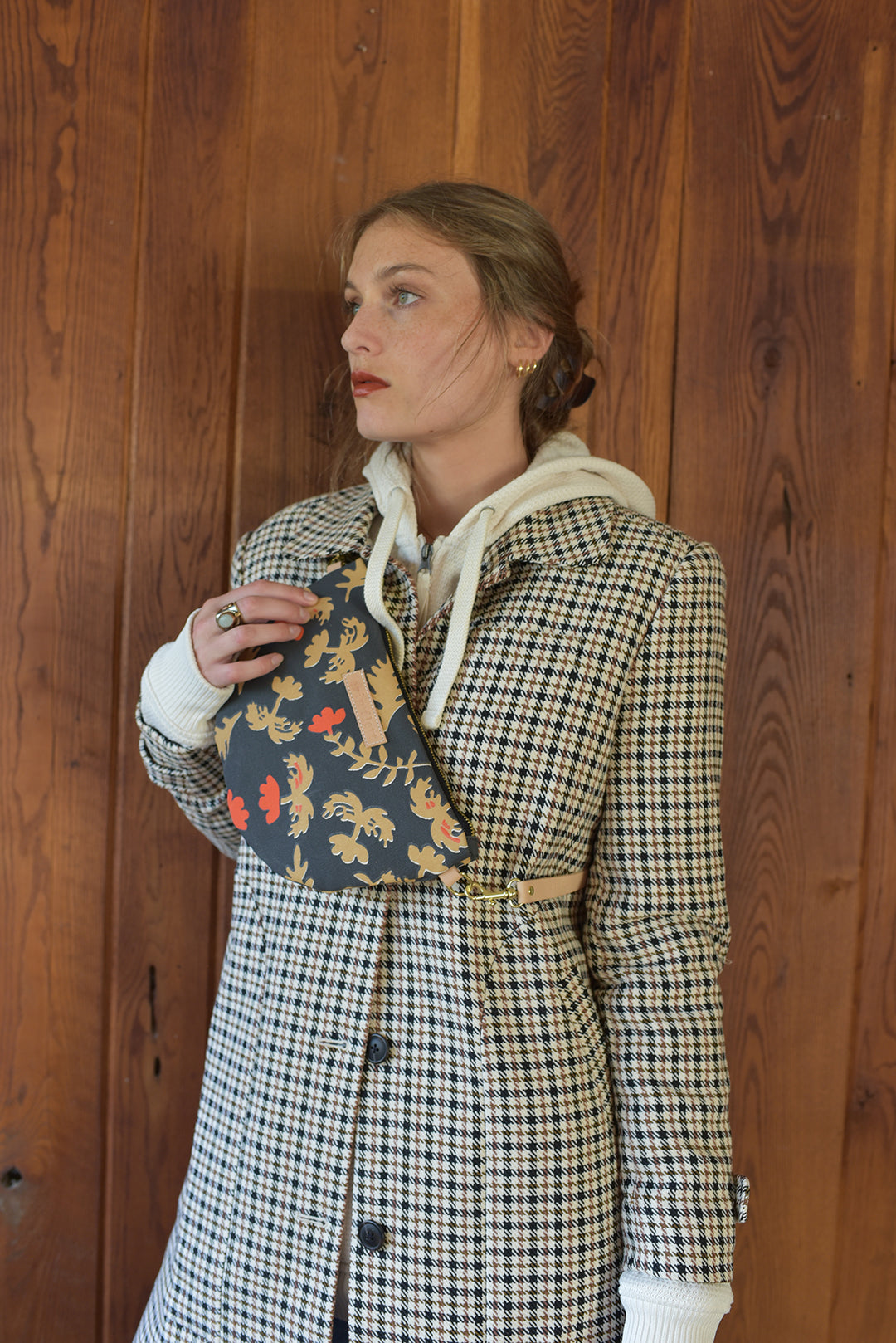 Worn Black Oak Rose Half Moon Bag