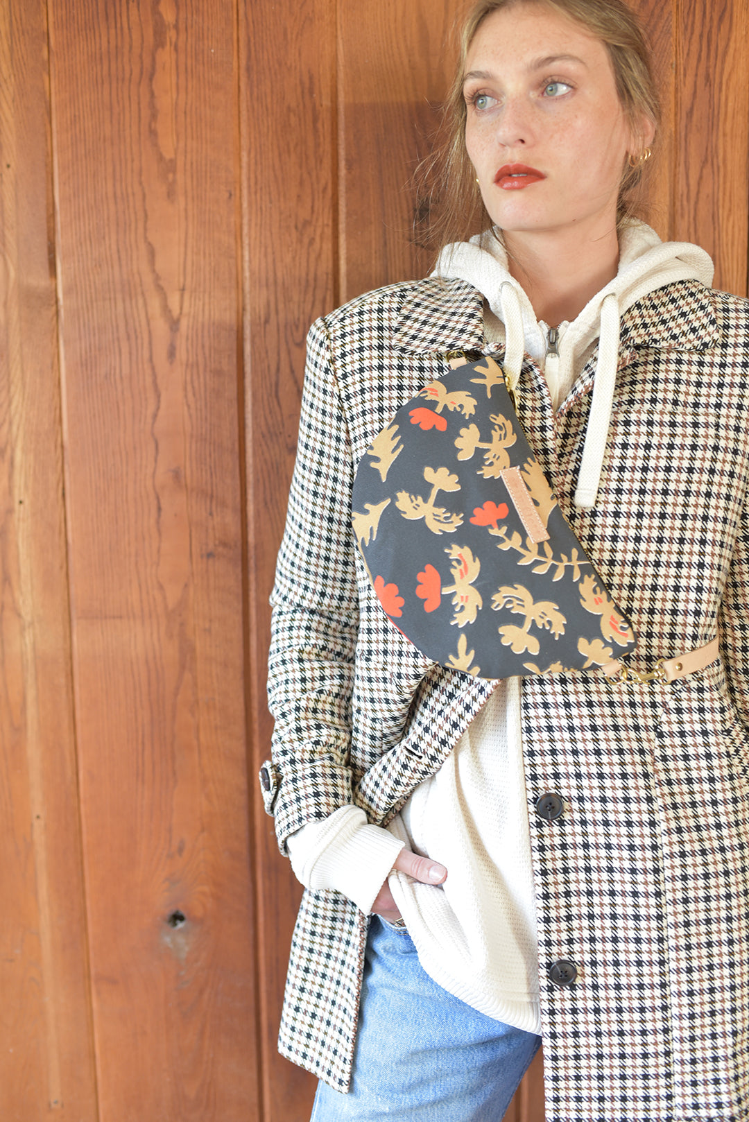 Worn Black Oak Rose Half Moon Bag