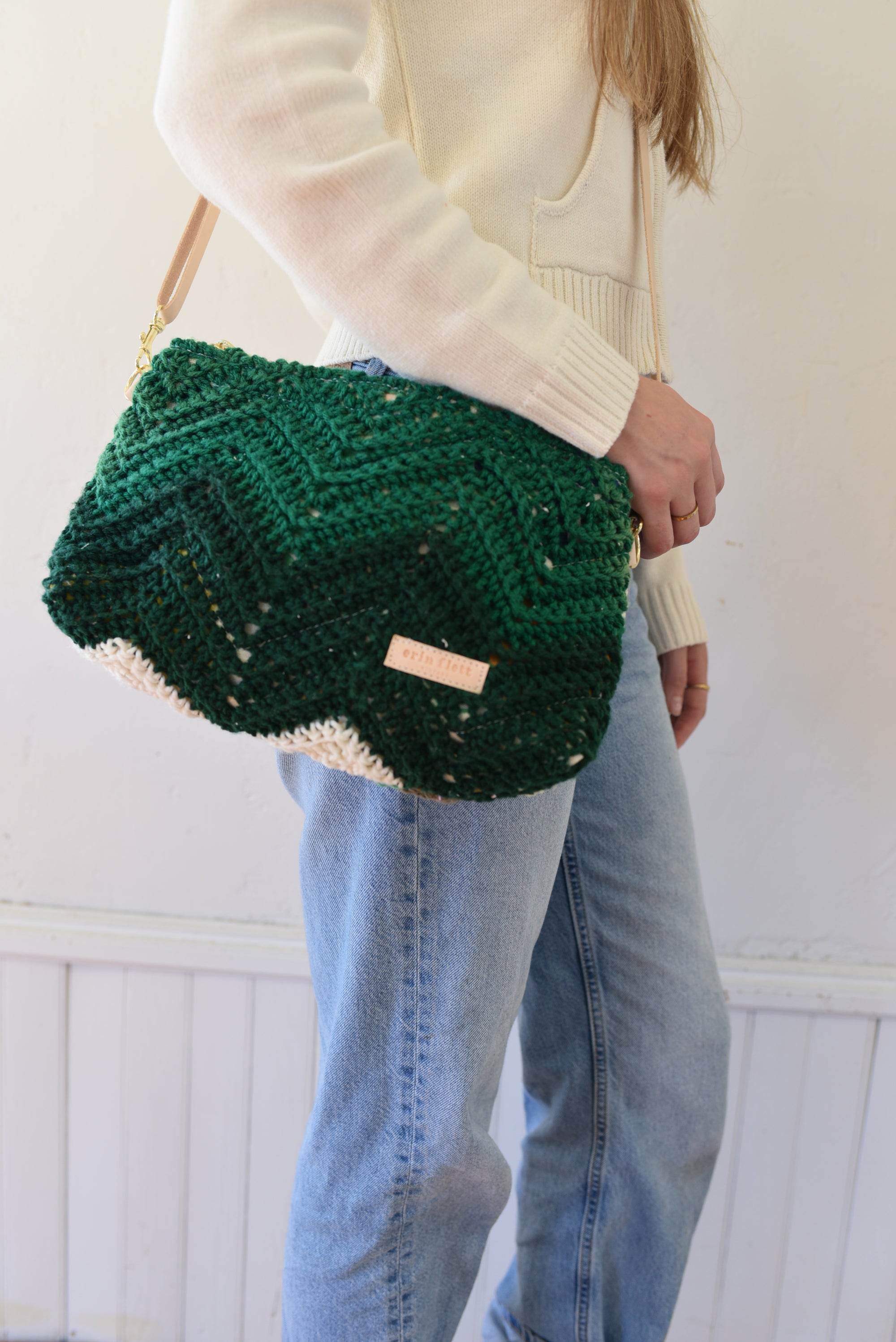Vintage KNIT Green Chevron Jen Bag Cross Body + Leather Adjustable Strap!