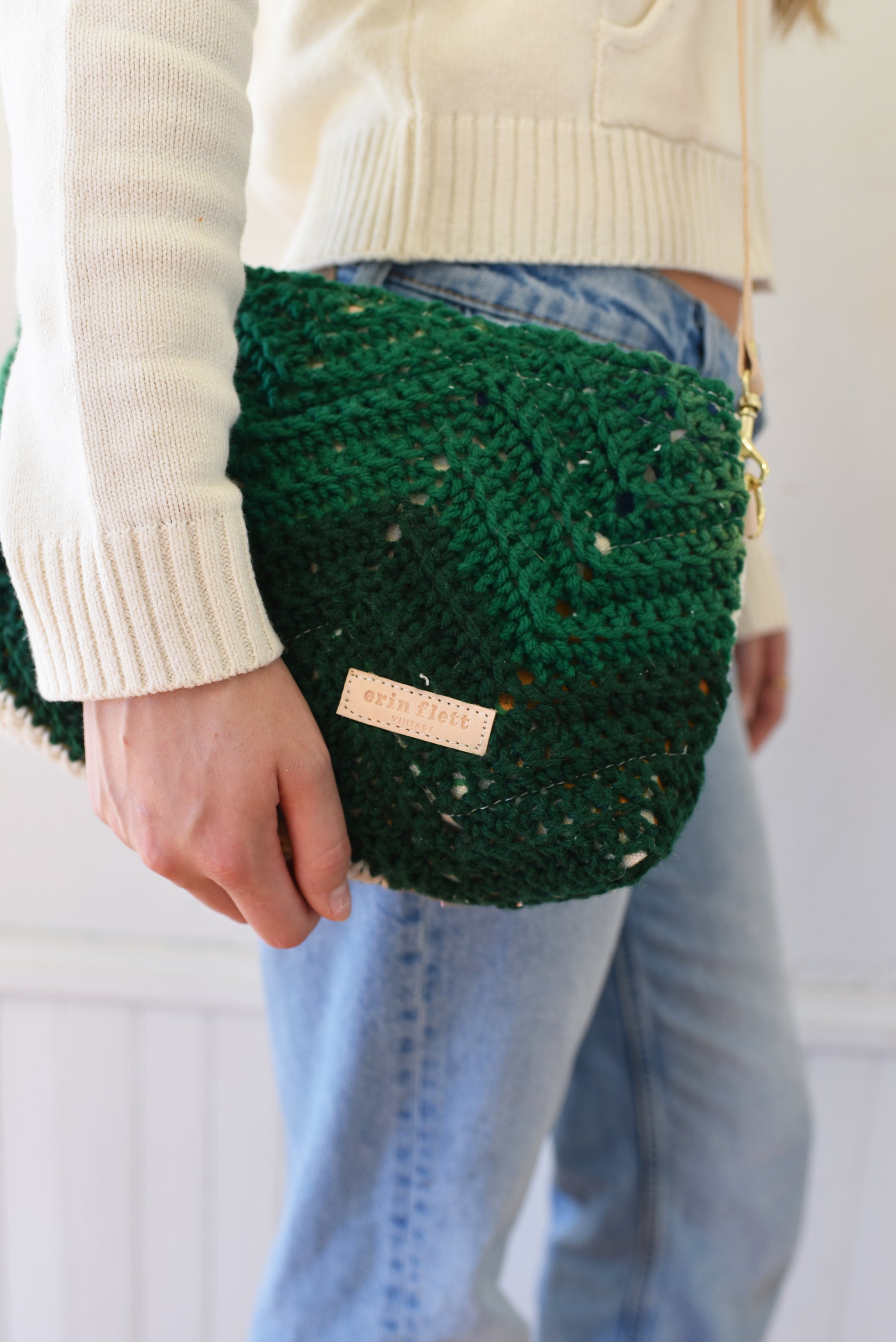 Vintage KNIT Green Chevron Jen Bag Cross Body + Leather Adjustable Strap!