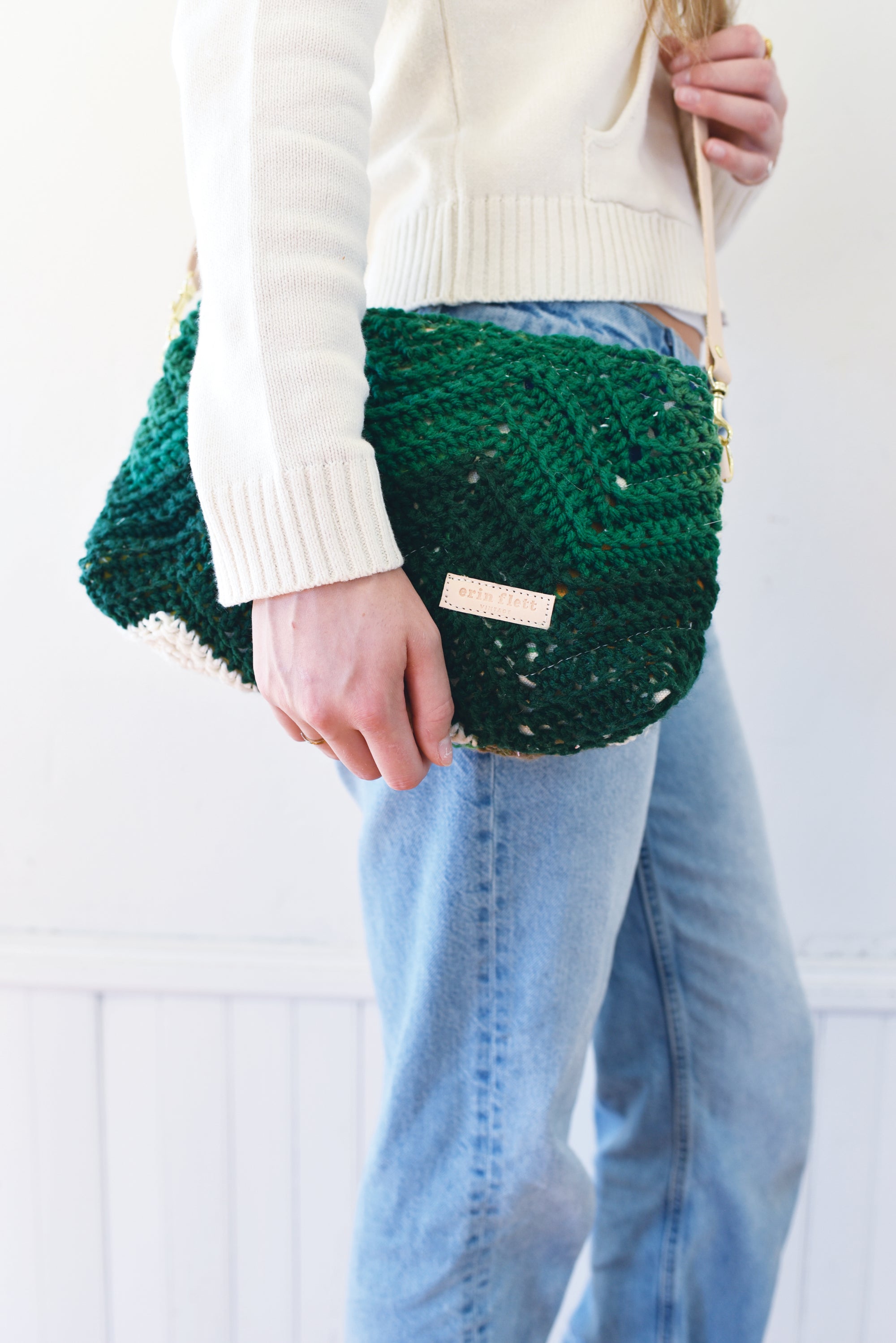 Vintage KNIT Green Chevron Jen Bag Cross Body + Leather Adjustable Strap!
