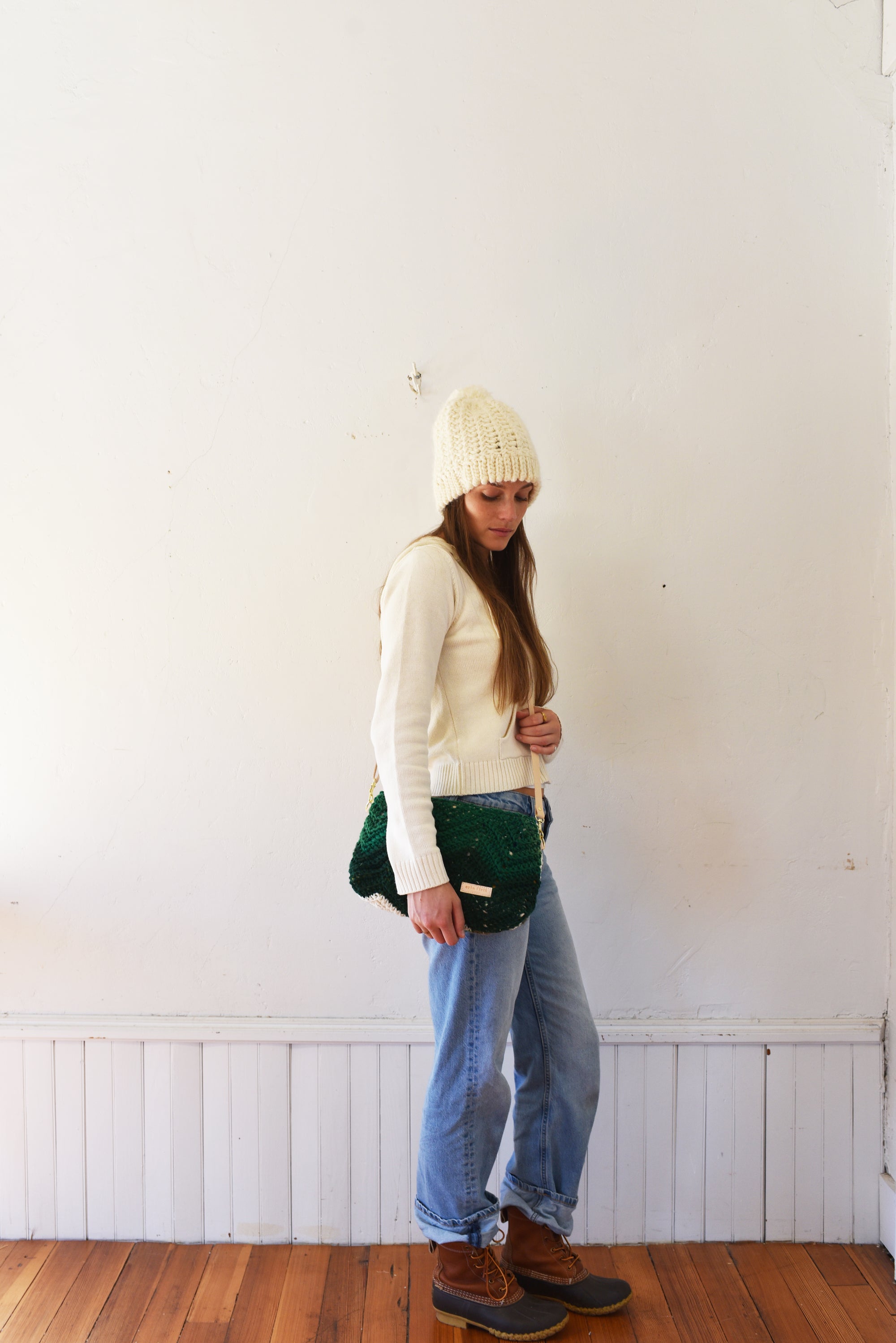 Vintage KNIT Green Chevron Jen Bag Cross Body + Leather Adjustable Strap!