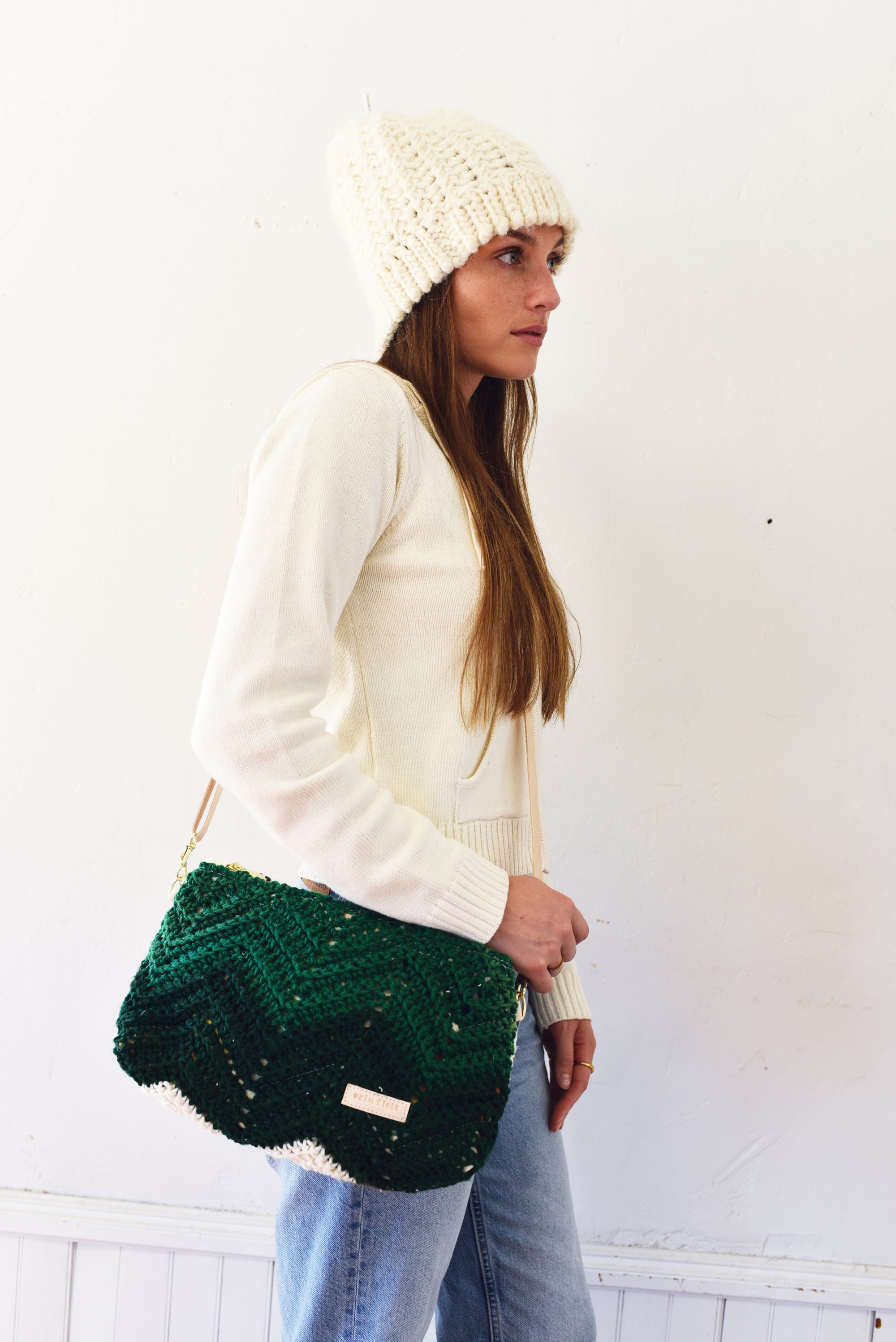 Vintage KNIT Green Chevron Jen Bag Cross Body + Leather Adjustable Strap!