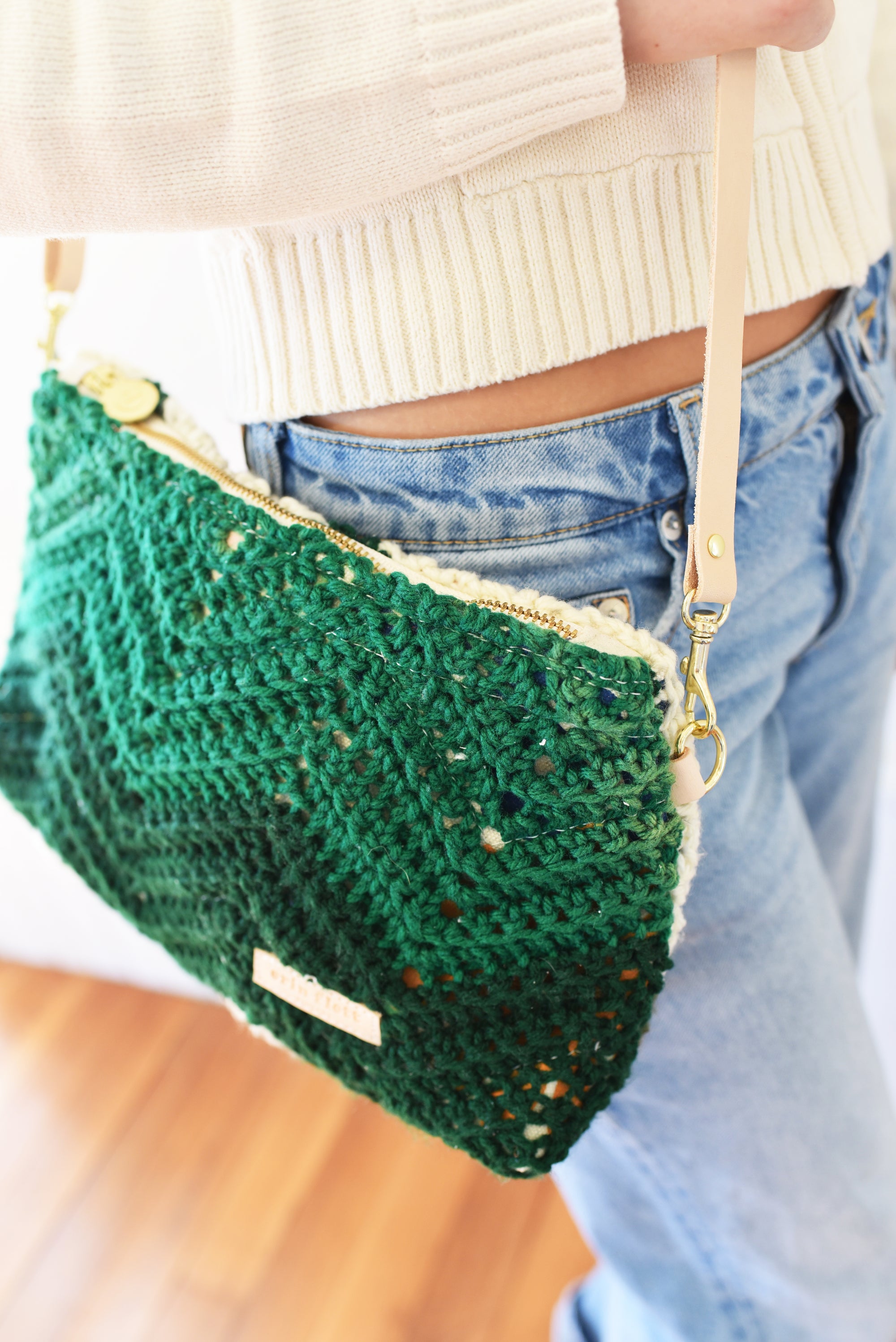 Vintage KNIT Green Chevron Jen Bag Cross Body + Leather Adjustable Strap!