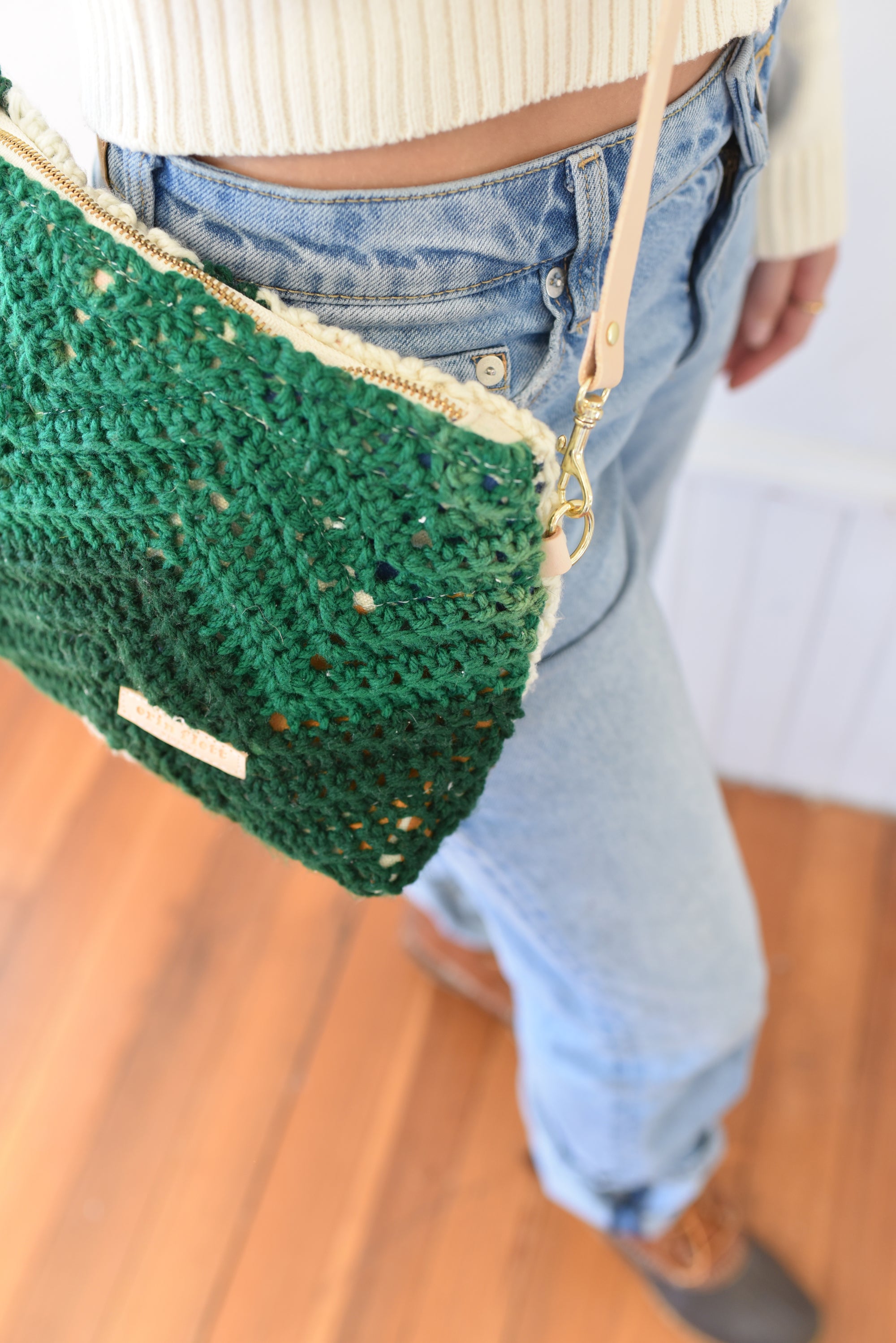 Vintage KNIT Green Chevron Jen Bag Cross Body + Leather Adjustable Strap!