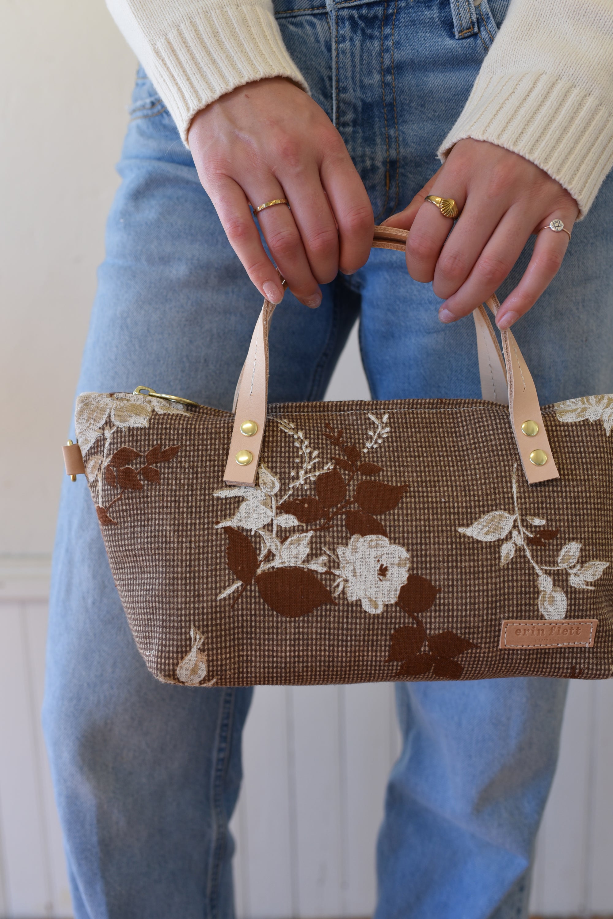 Heavy Canvas Vintage Brown Floral Satchel Bag - Small