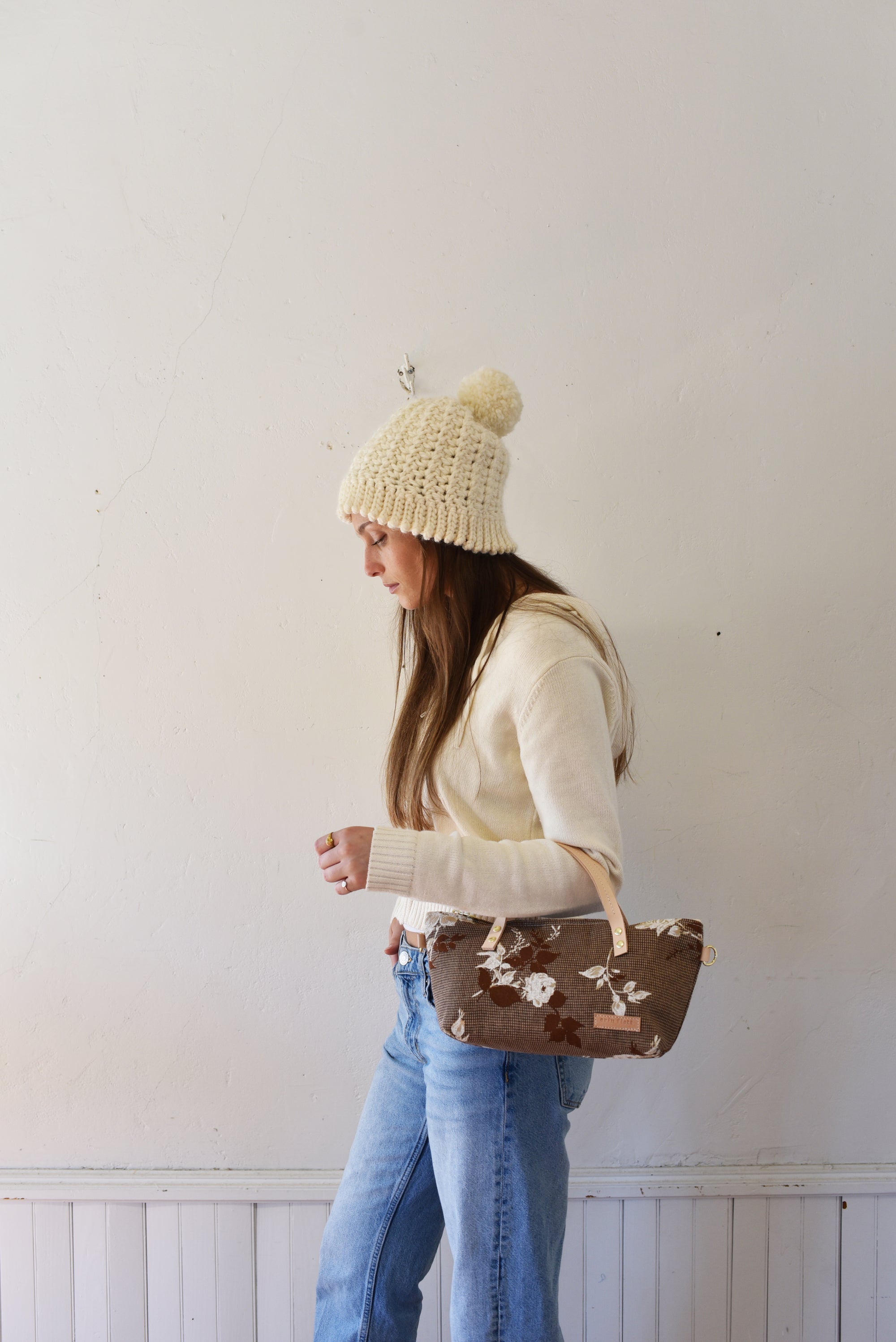 Heavy Canvas Vintage Brown Floral Satchel Bag - Small
