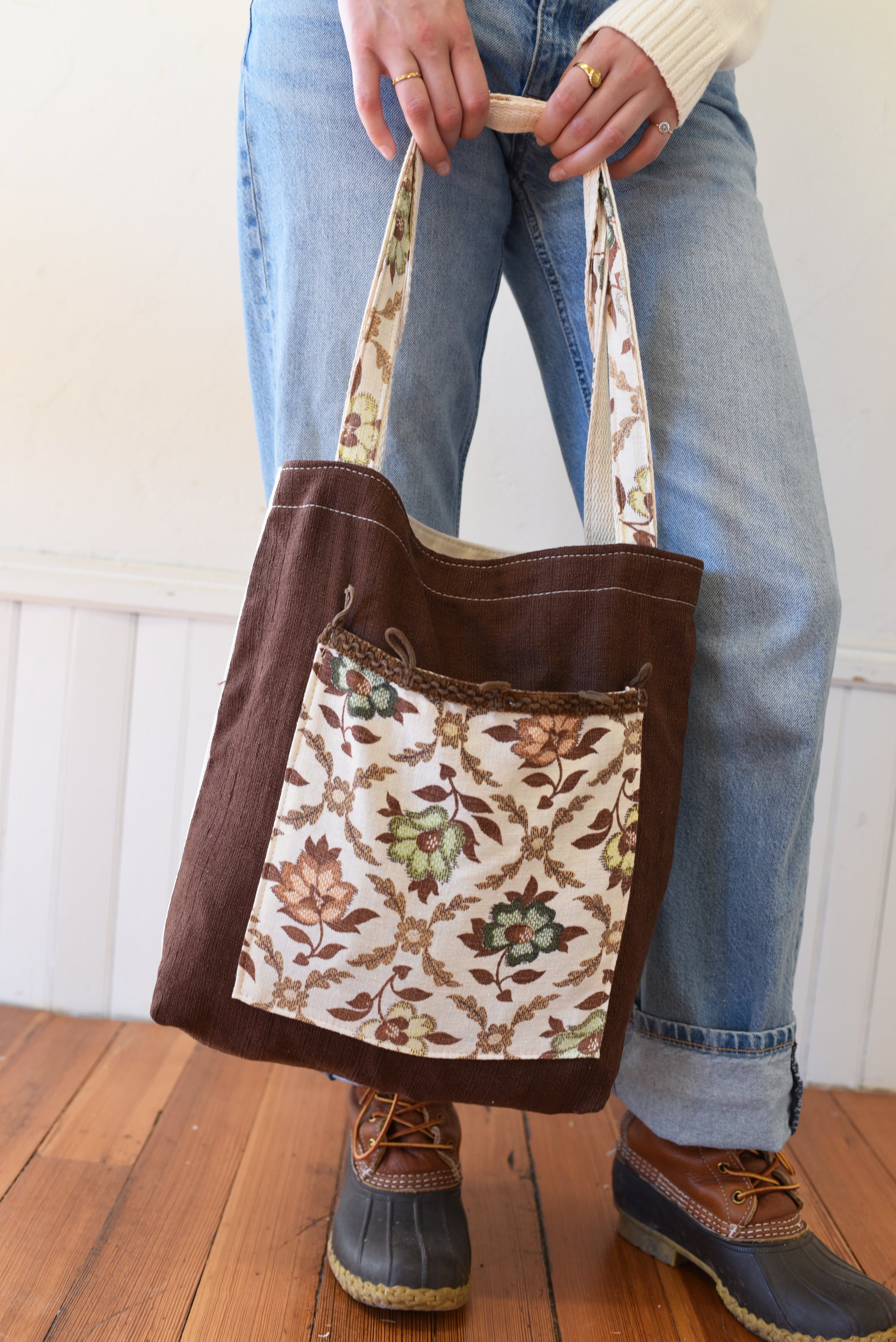 Vintage Brown Bark Cloth + Vintage floral pocket Carry All