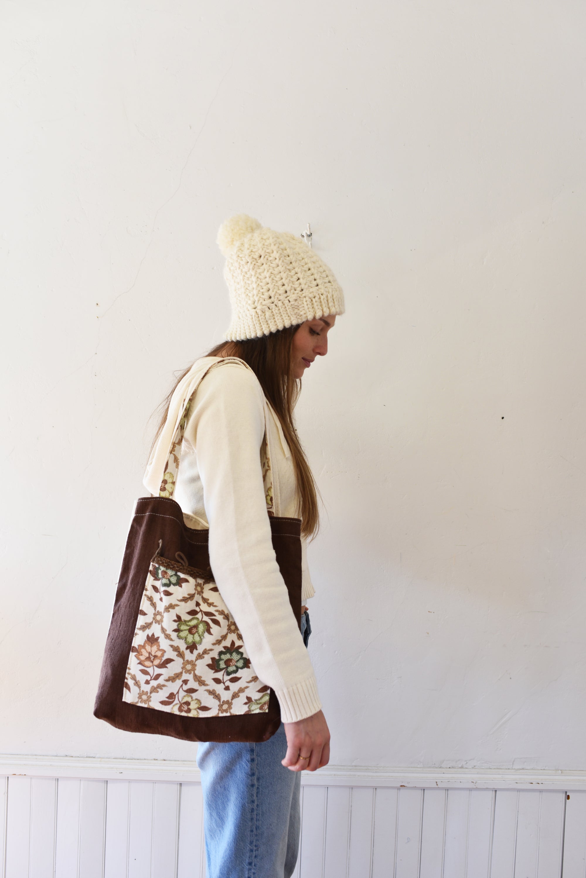 Vintage Brown Bark Cloth + Vintage floral pocket Carry All