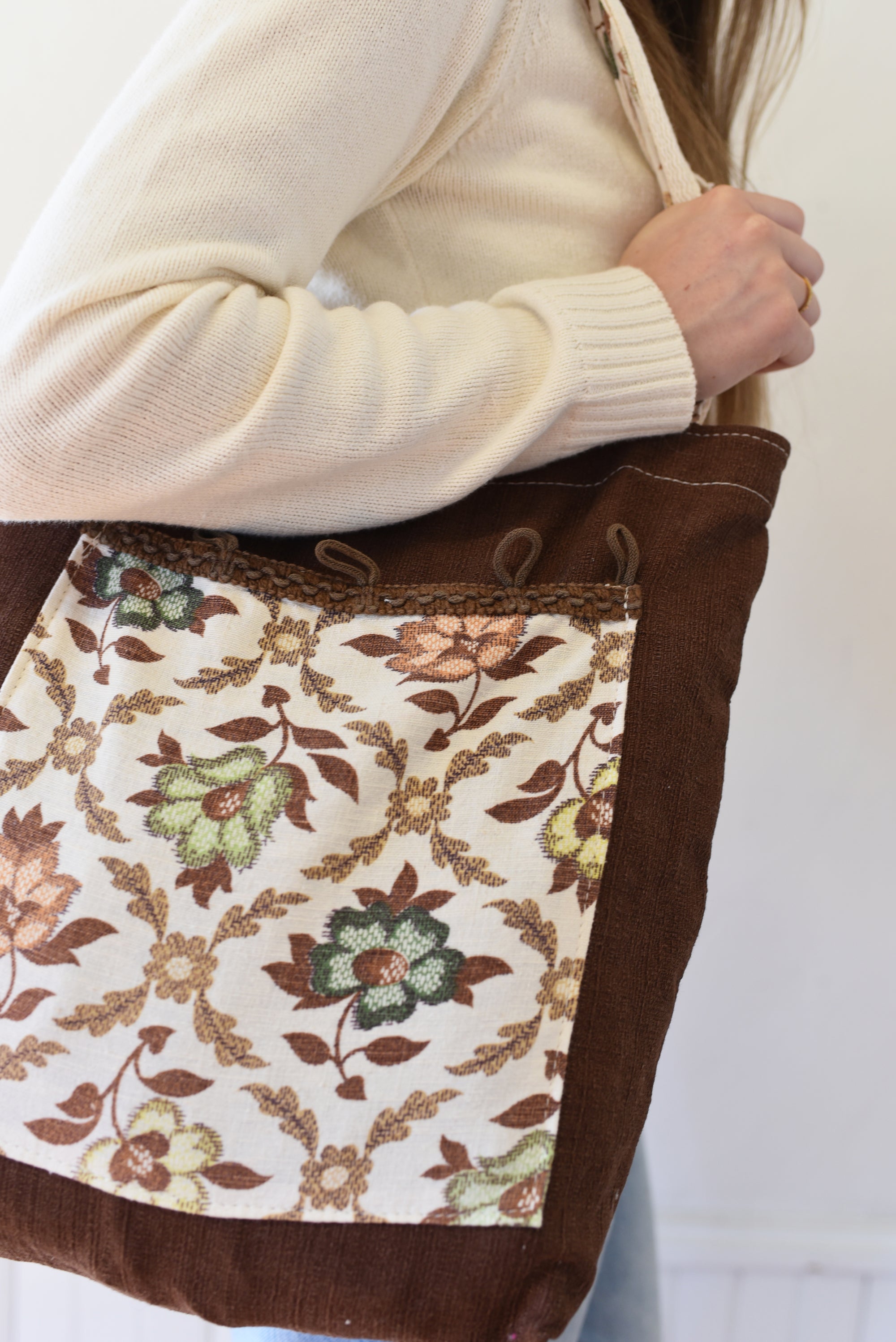 Vintage Brown Bark Cloth + Vintage floral pocket Carry All