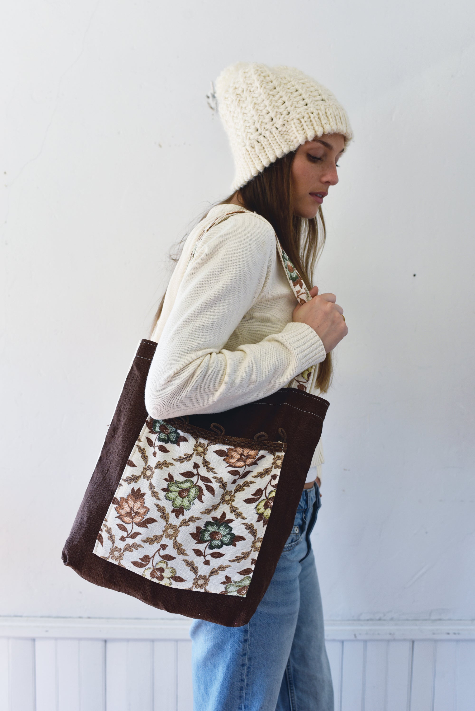 Vintage Brown Bark Cloth + Vintage floral pocket Carry All