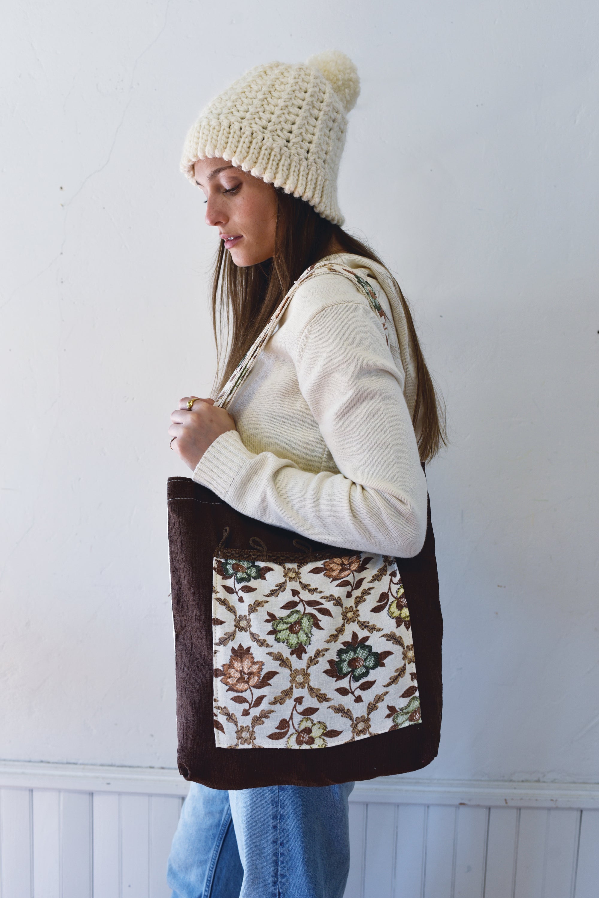 Vintage Brown Bark Cloth + Vintage floral pocket Carry All