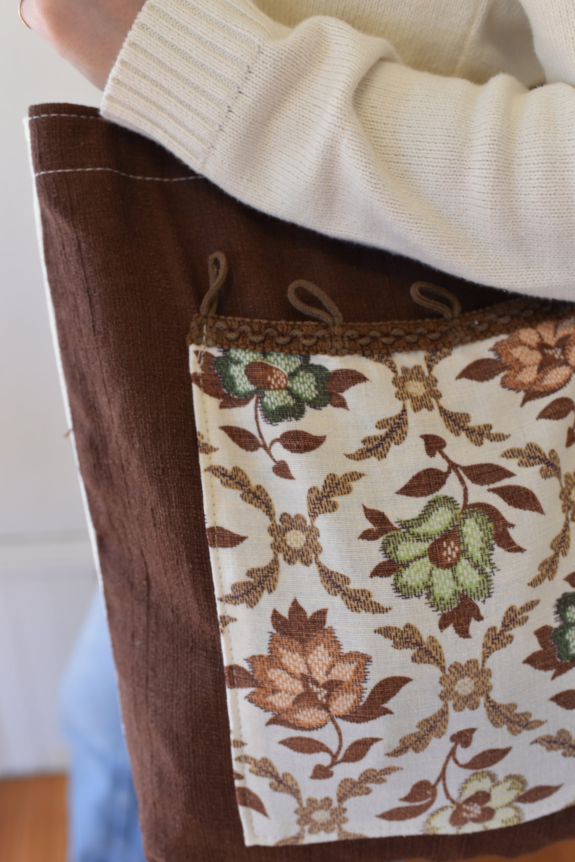 Vintage Brown Bark Cloth + Vintage floral pocket Carry All