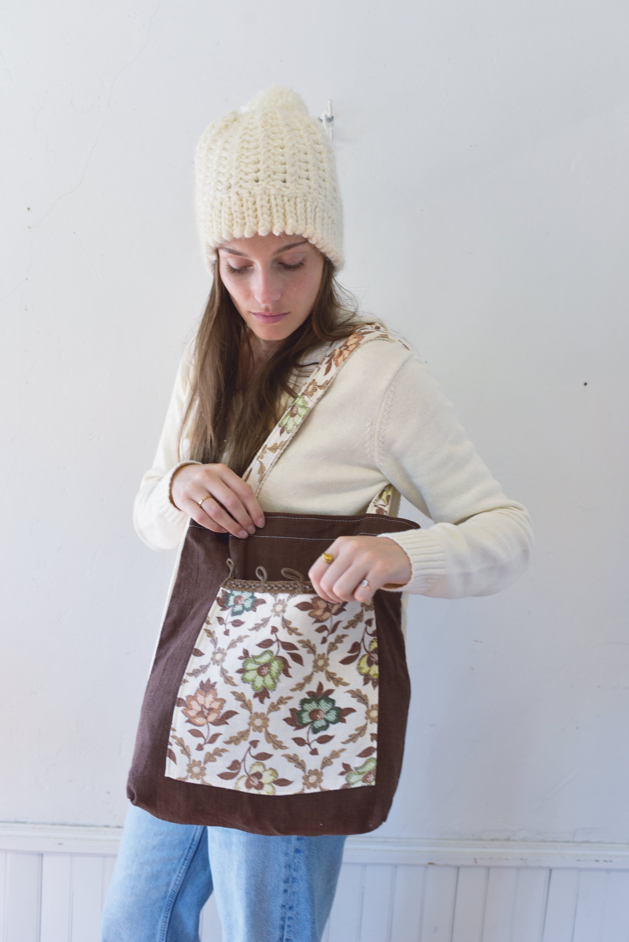 Vintage Brown Bark Cloth + Vintage floral pocket Carry All