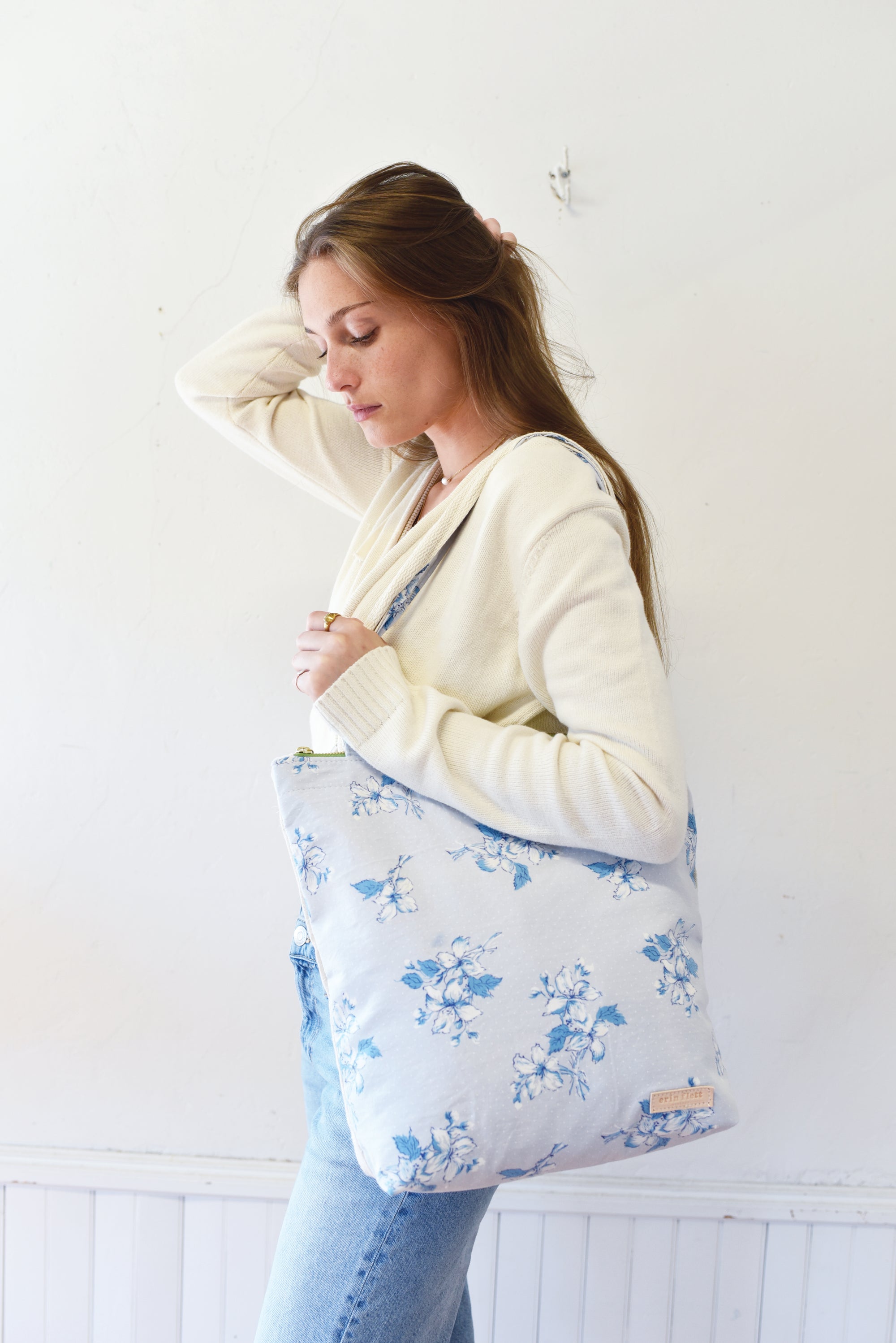 Vintage Blue Floral Heavy Canvas Carry All Tote with tiny white polka dots