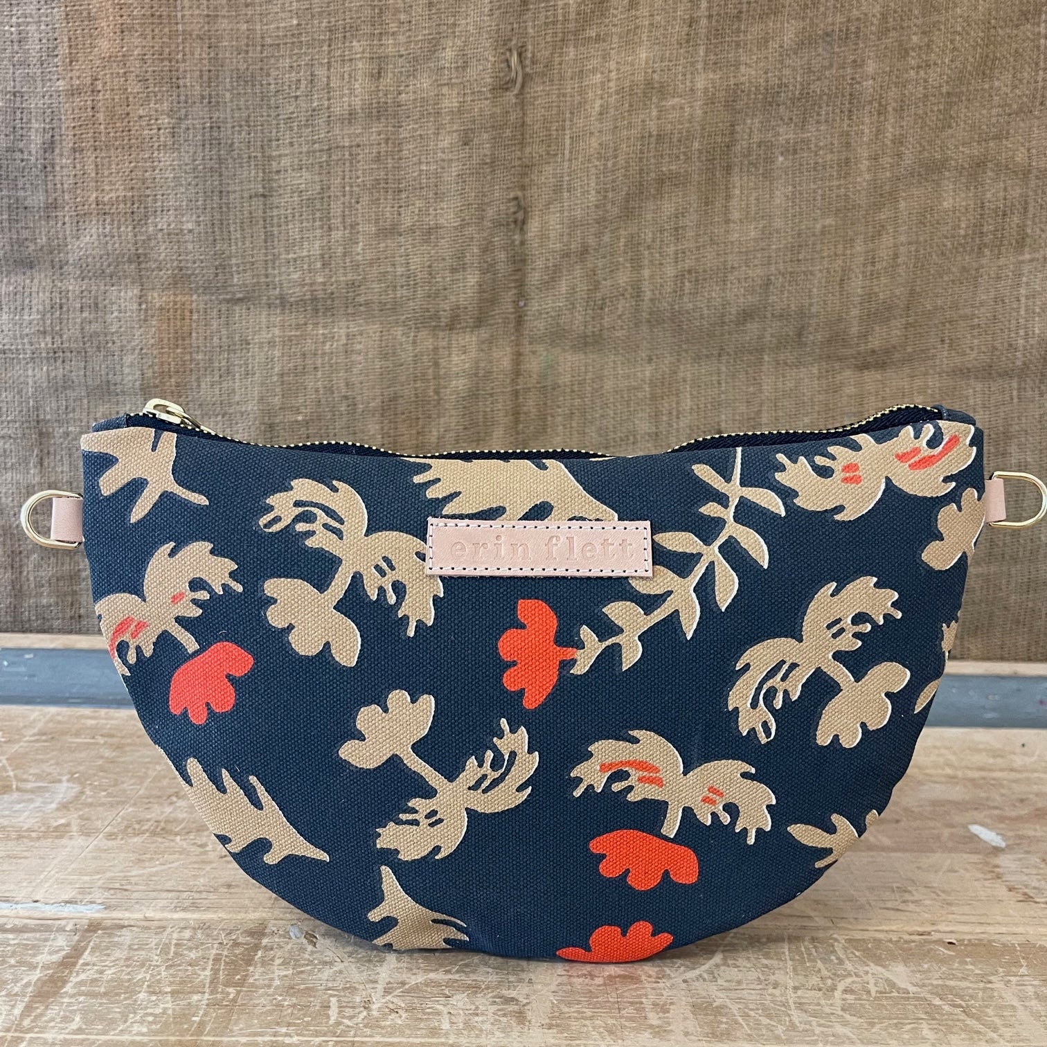 Worn Black Oak Rose Half Moon Bag