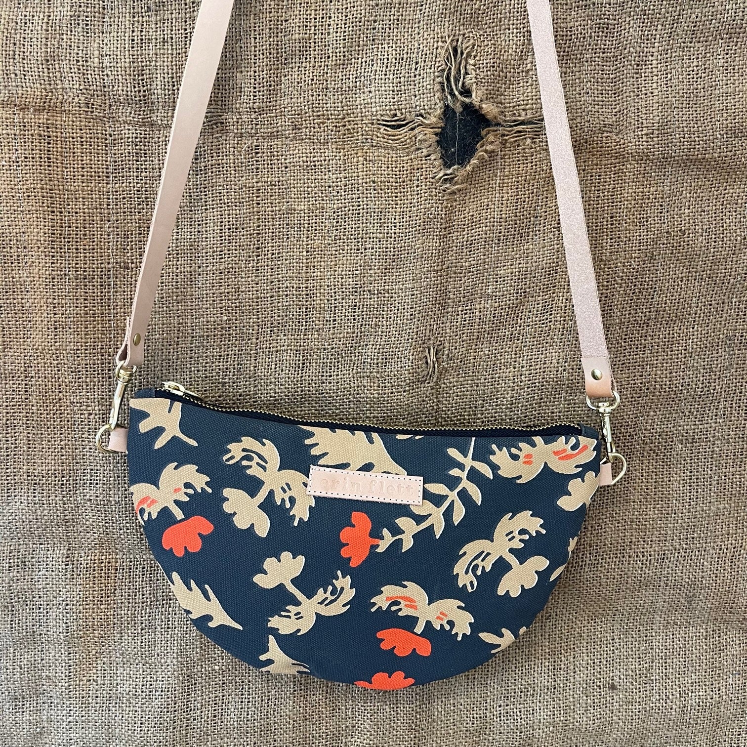Worn Black Oak Rose Half Moon Bag
