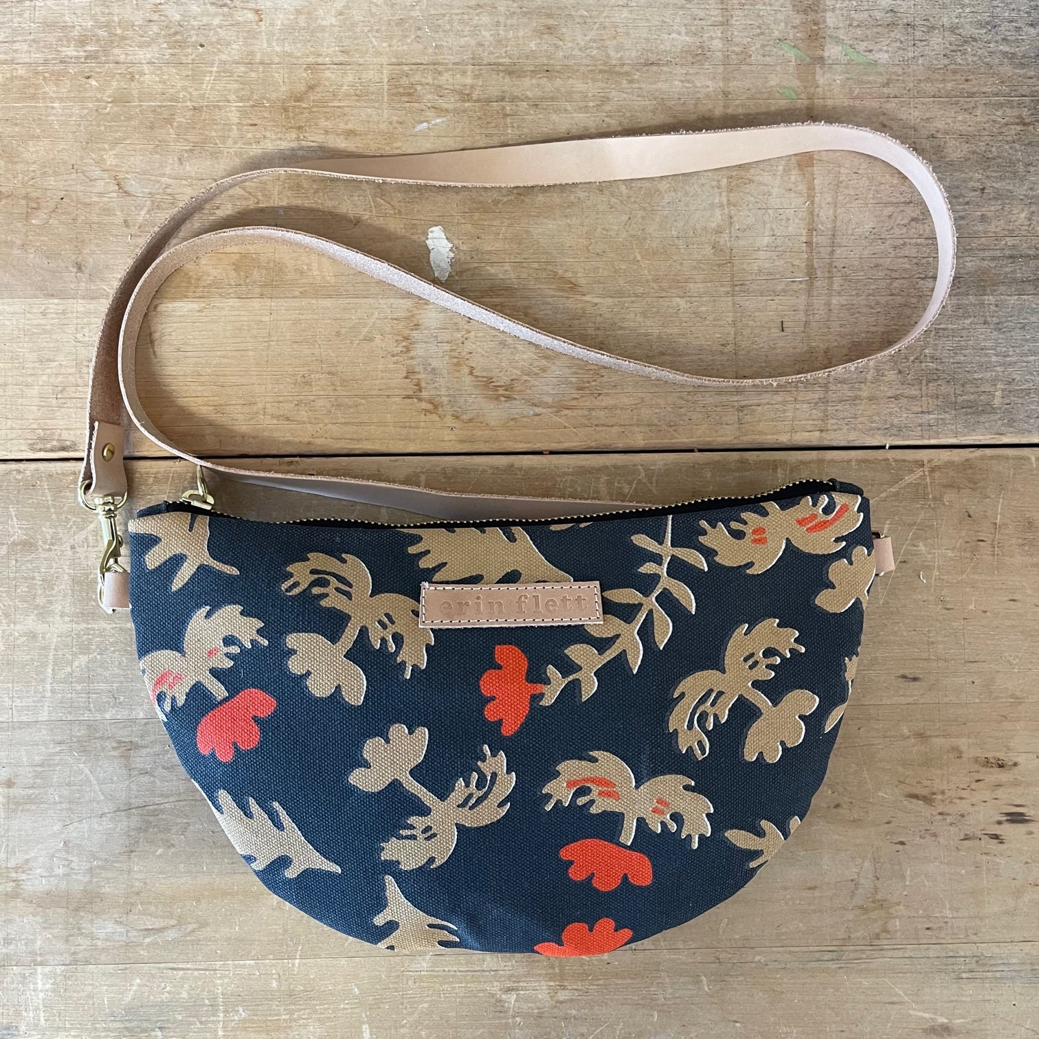 Worn Black Oak Rose Half Moon Bag