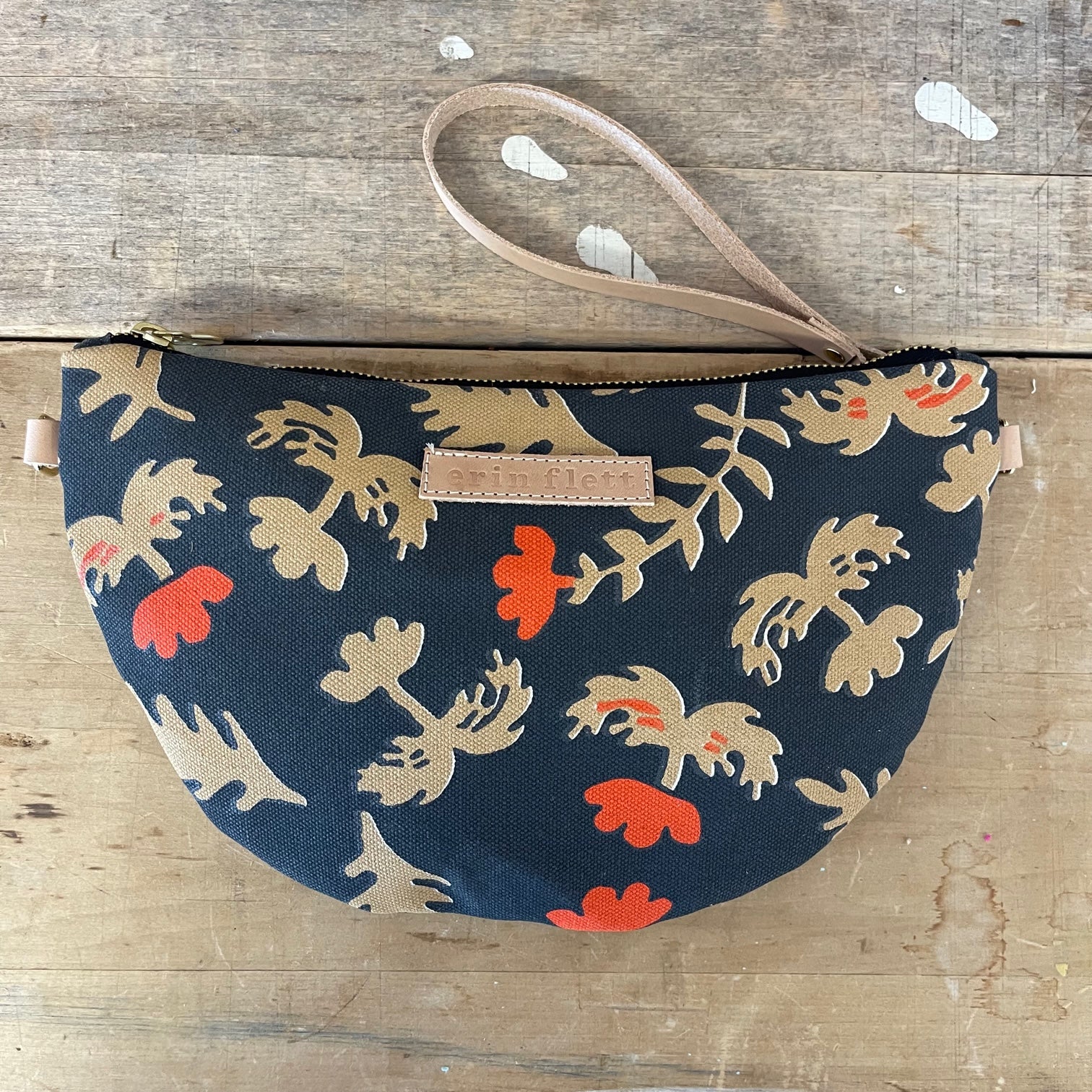 Worn Black Oak Rose Half Moon Bag