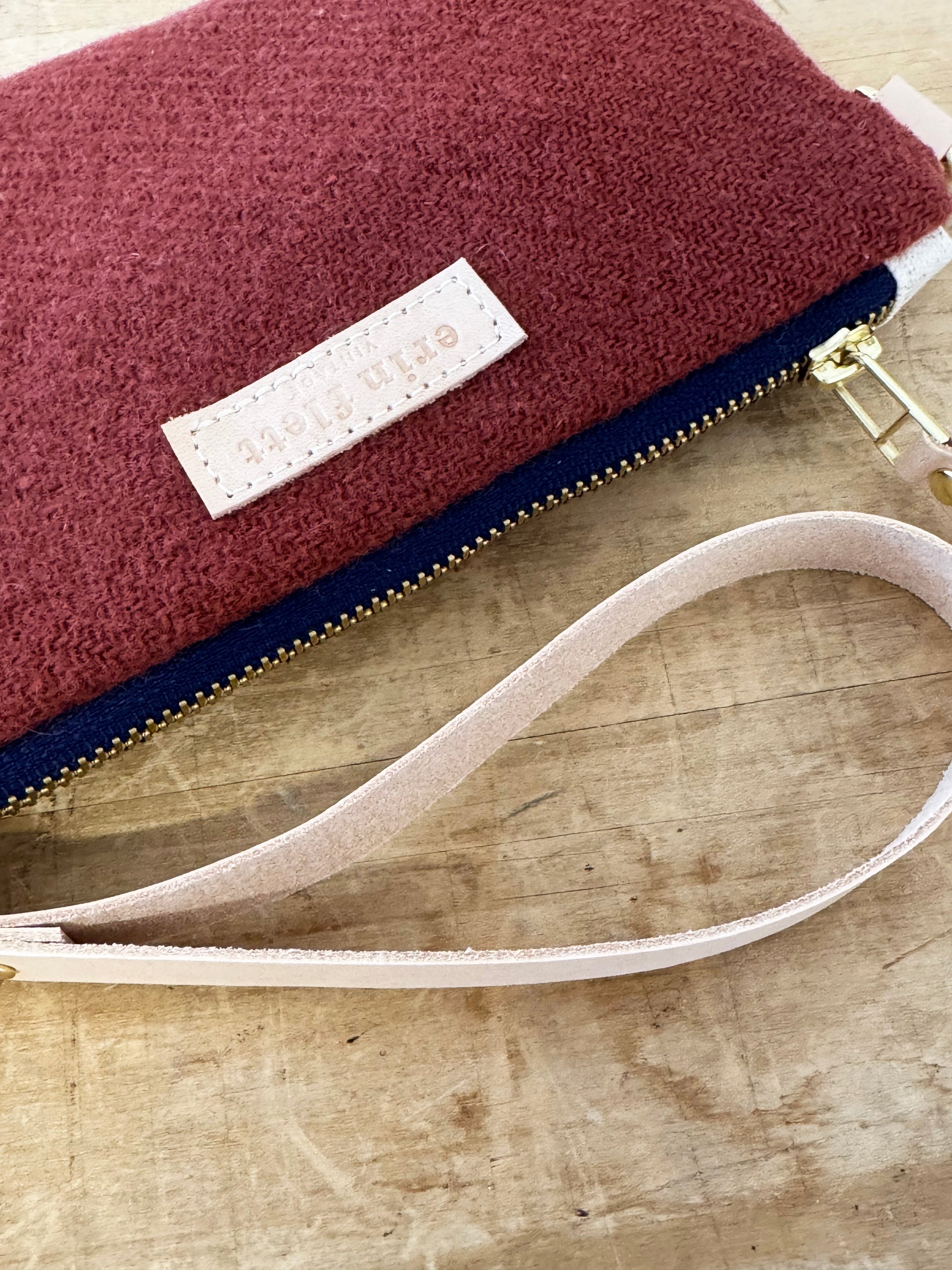 Vintage Burgundy Wool Ellie Wristlet - Erin print inside