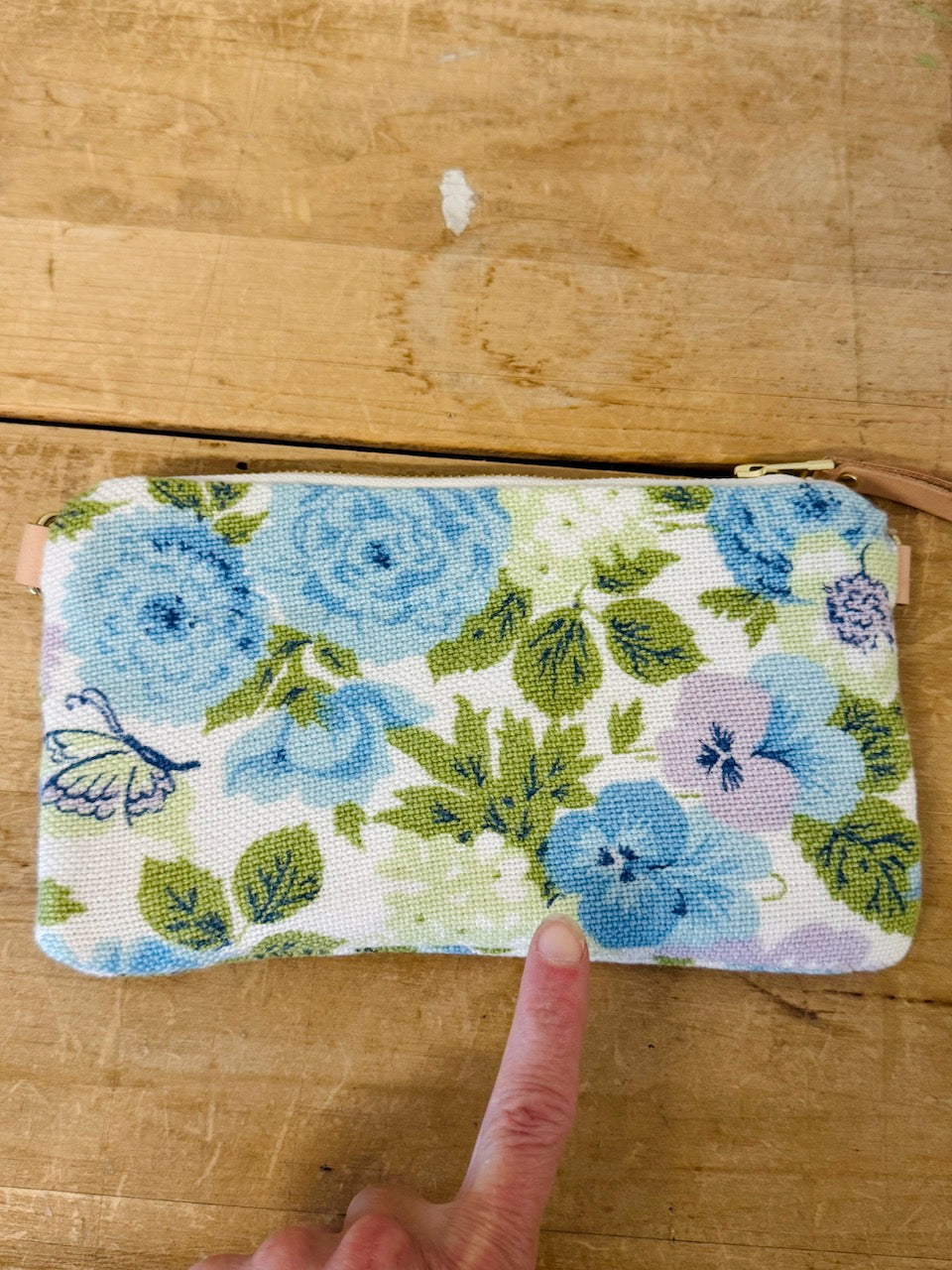 Vintage woven blue and lavender floral cotton Table Cloth Ellie Wristlet - Erin print inside
