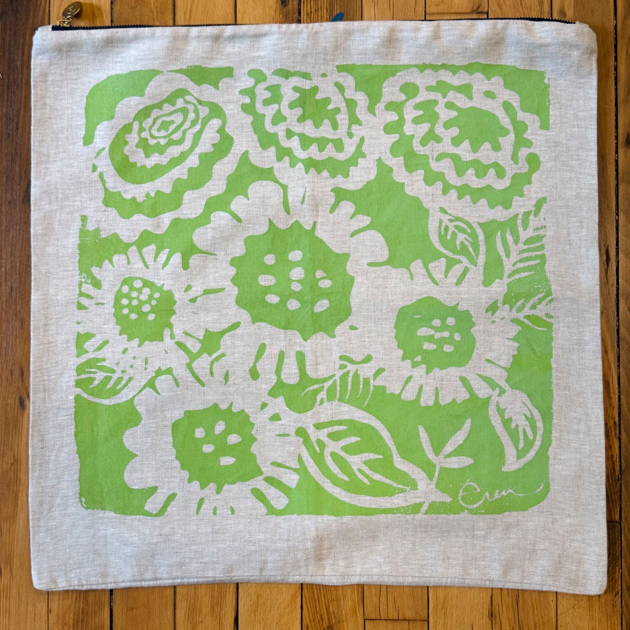 Pillow Cover - Linen Aria Granny Apple Green + Navy Zip