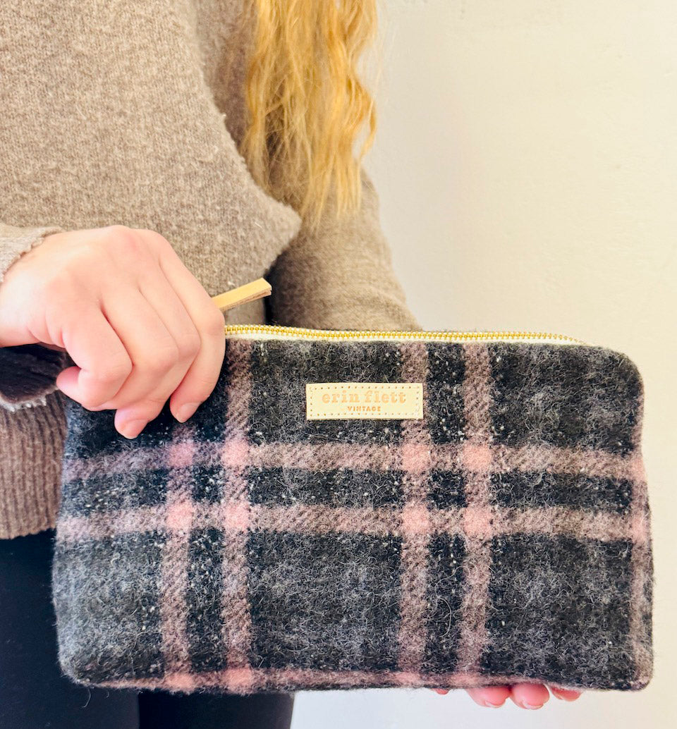 Vintage Laura Pouch - Pink Charcoal Plaid