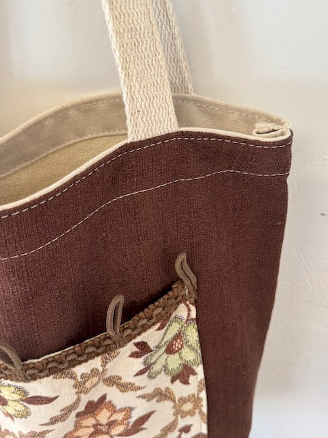 Vintage Brown Bark Cloth + Vintage floral pocket Carry All
