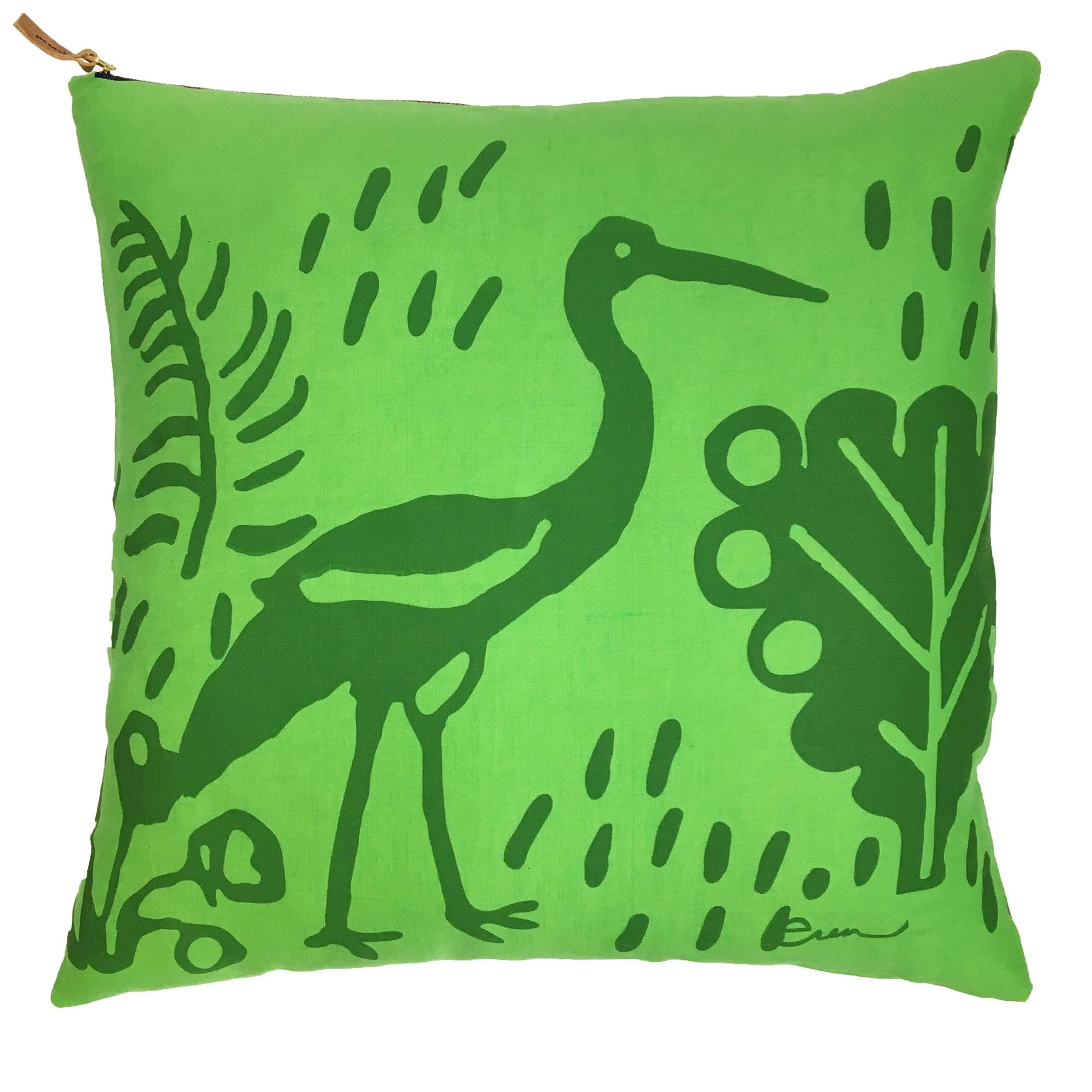 KELLY GREEN CRANE ON BRIGHT GREEN LINEN PILLOW
