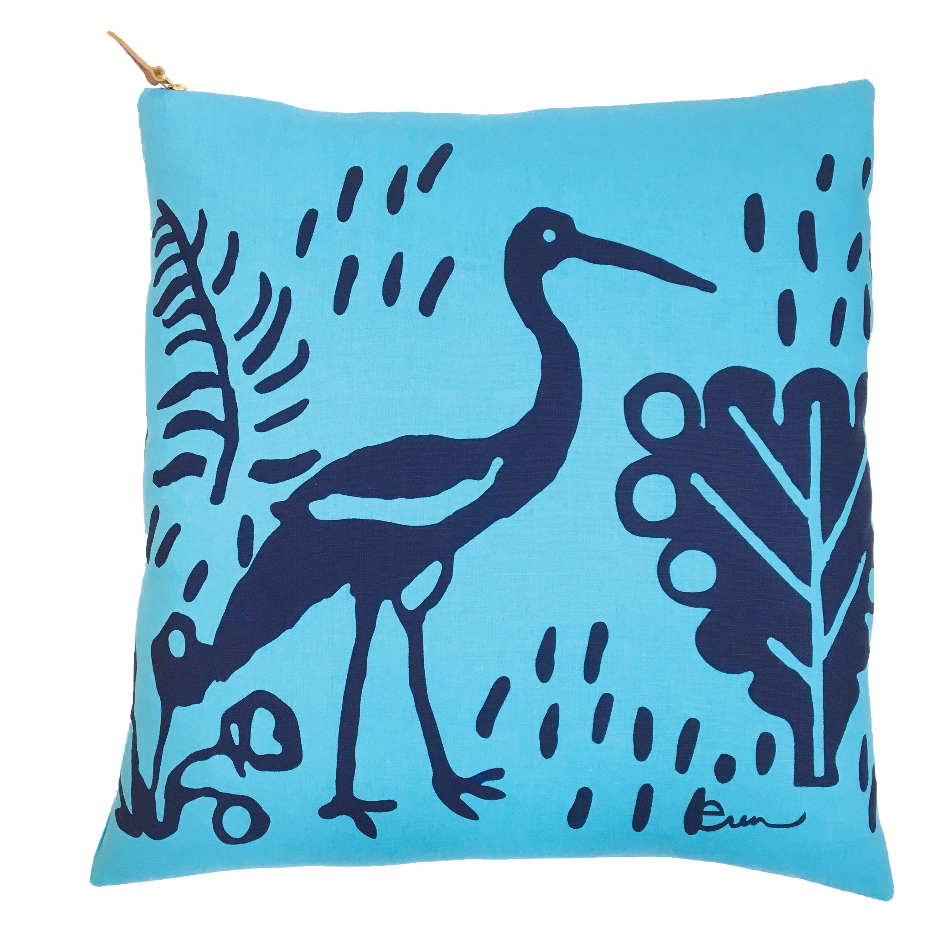 NAVY CRANE ON BRIGHT BLUE LINEN PILLOW