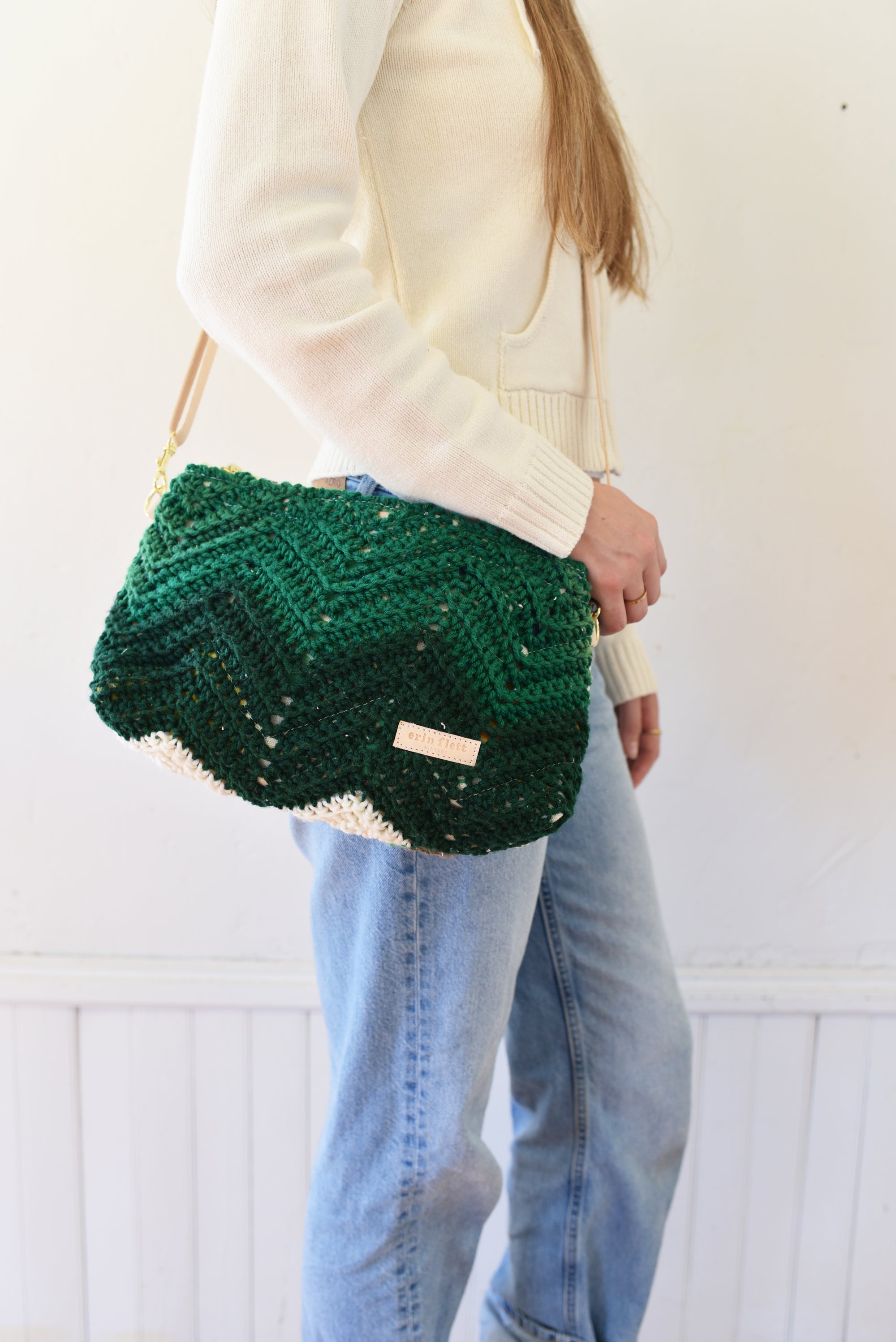 Vintage KNIT Green Chevron Jen Bag Cross Body + Leather Adjustable Strap!
