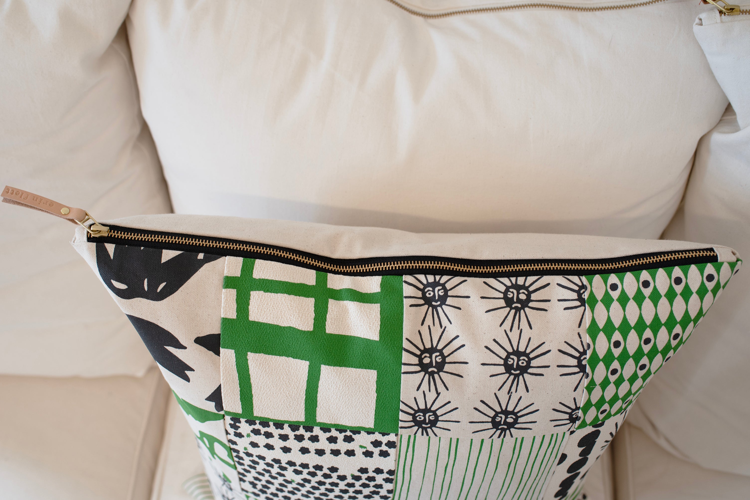 ONE OF A KIND PATCHWORK WORN BLACK AND KELLY GREEN PILLOW