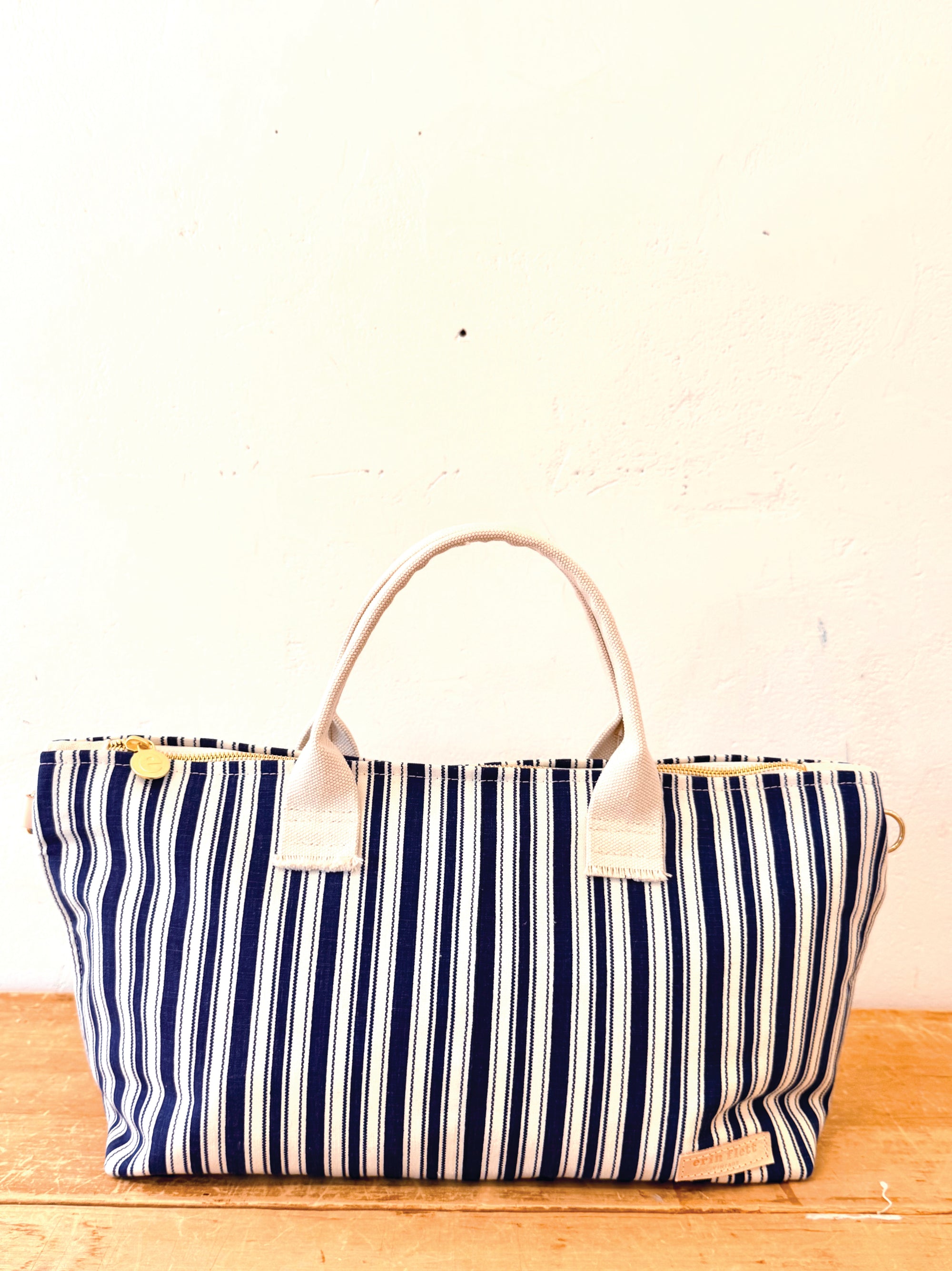 Amazing Large Vintage Navy Ticking Satchel - WITH Erin Flett print inside