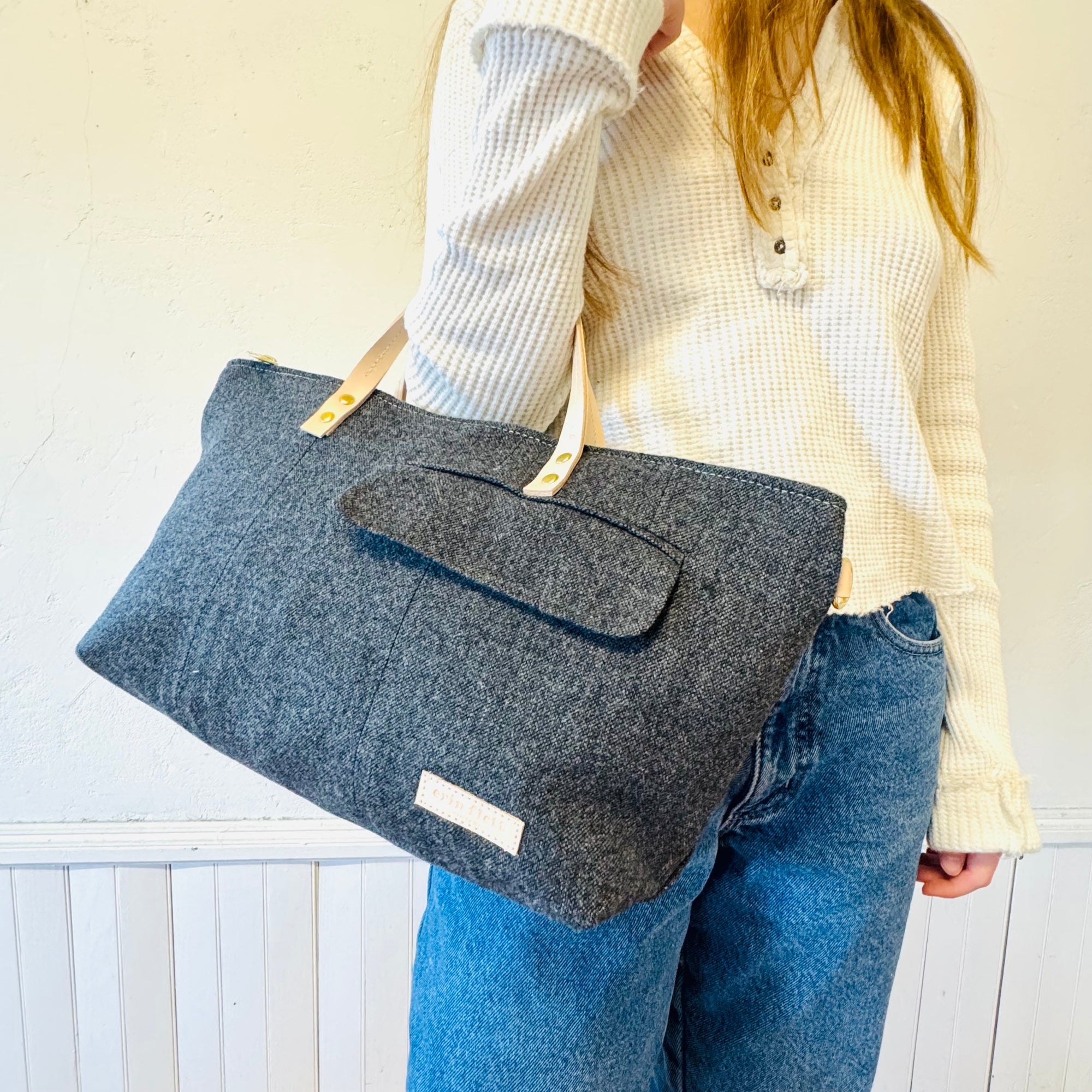 Vintage Satchel Bag - Large Charcoal Suit with front pocket  (Erin&#39;s Fav)