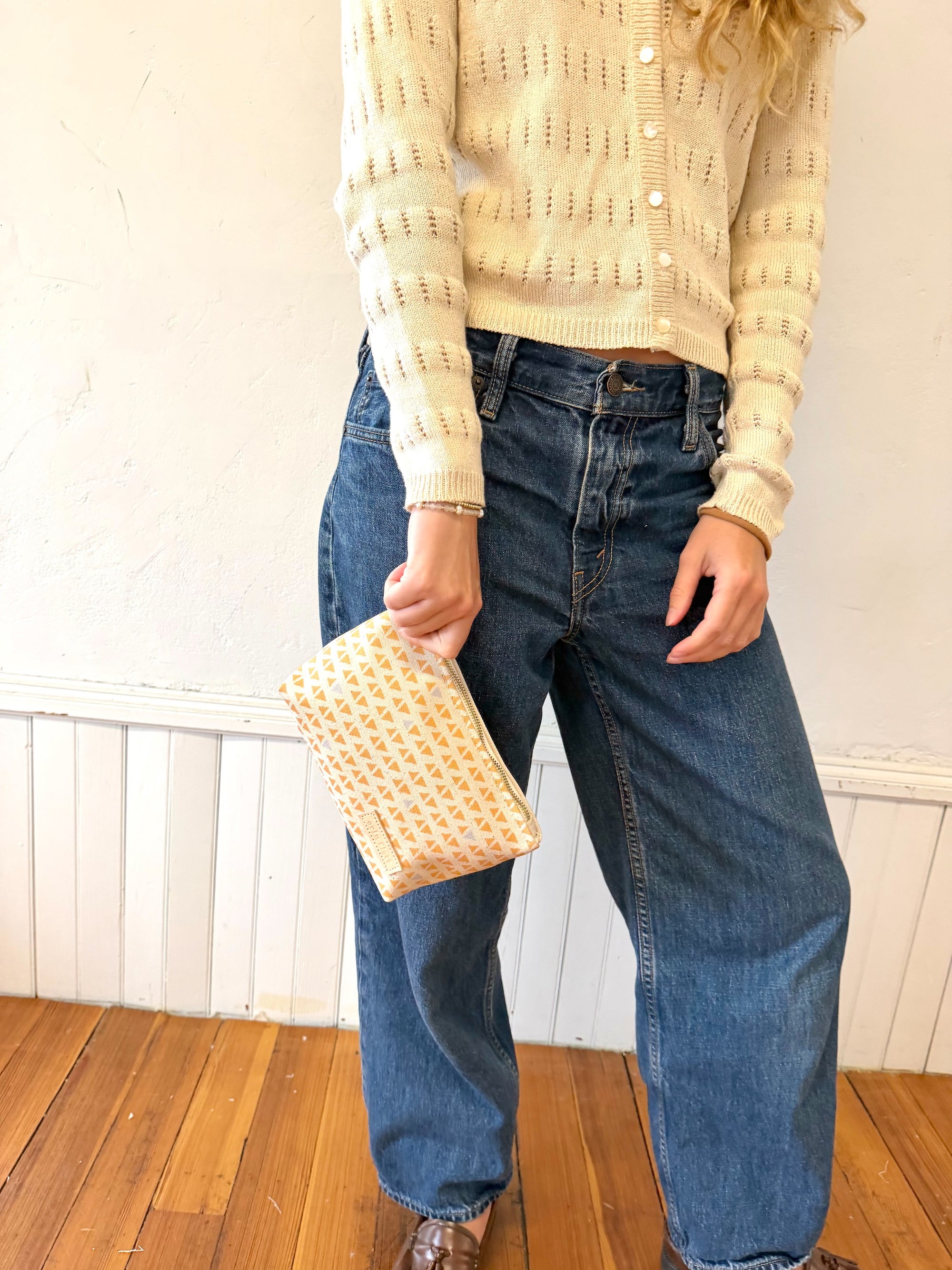 COATED CANVAS MINI ZIP SMALL ONLY - SAND + GRAY TRIANGLE