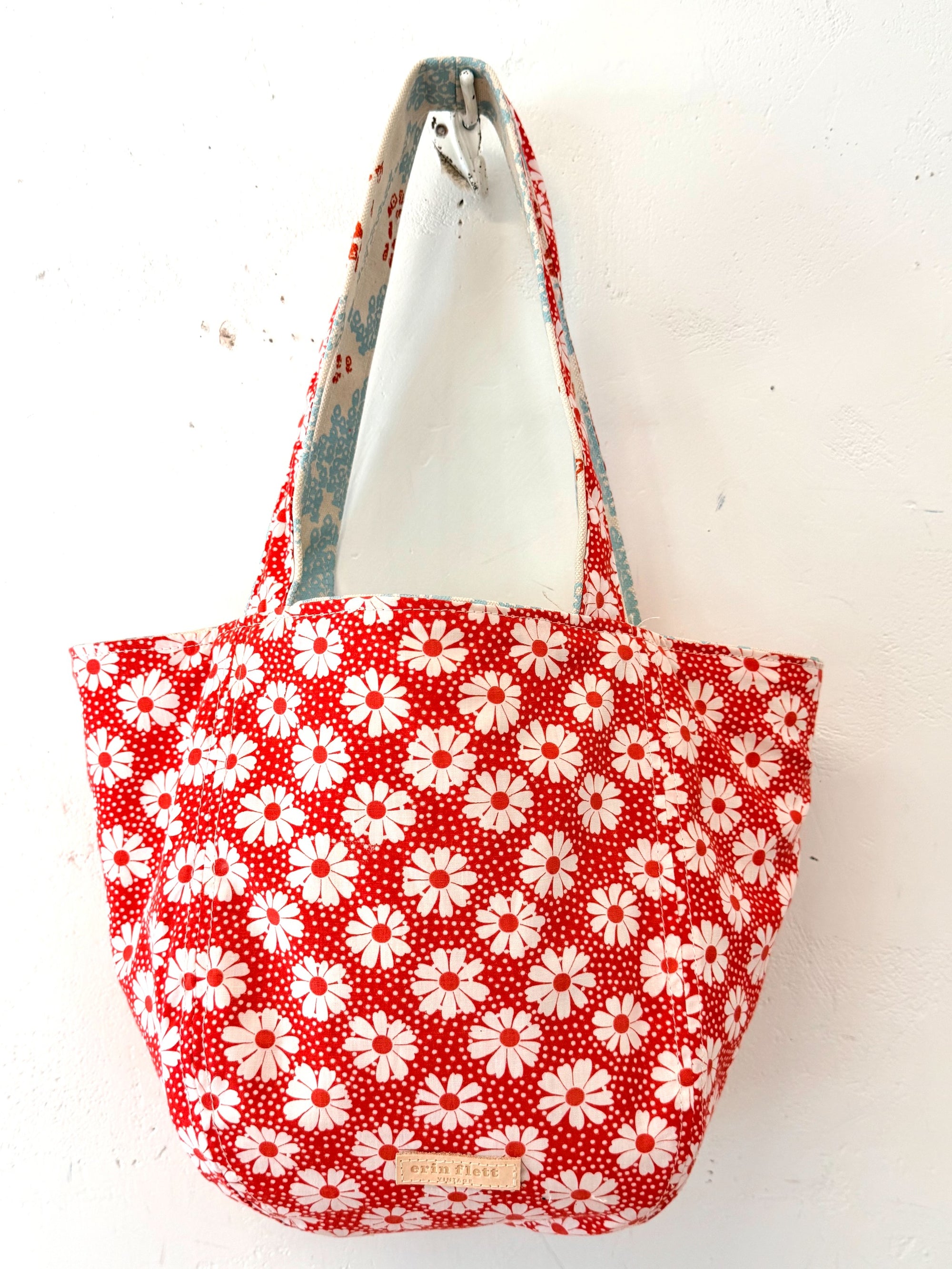 Vintage NEW SMALL Red Daisy Polka Dot Cotton BOHO Tote Bag - WITH Erin Flett print inside