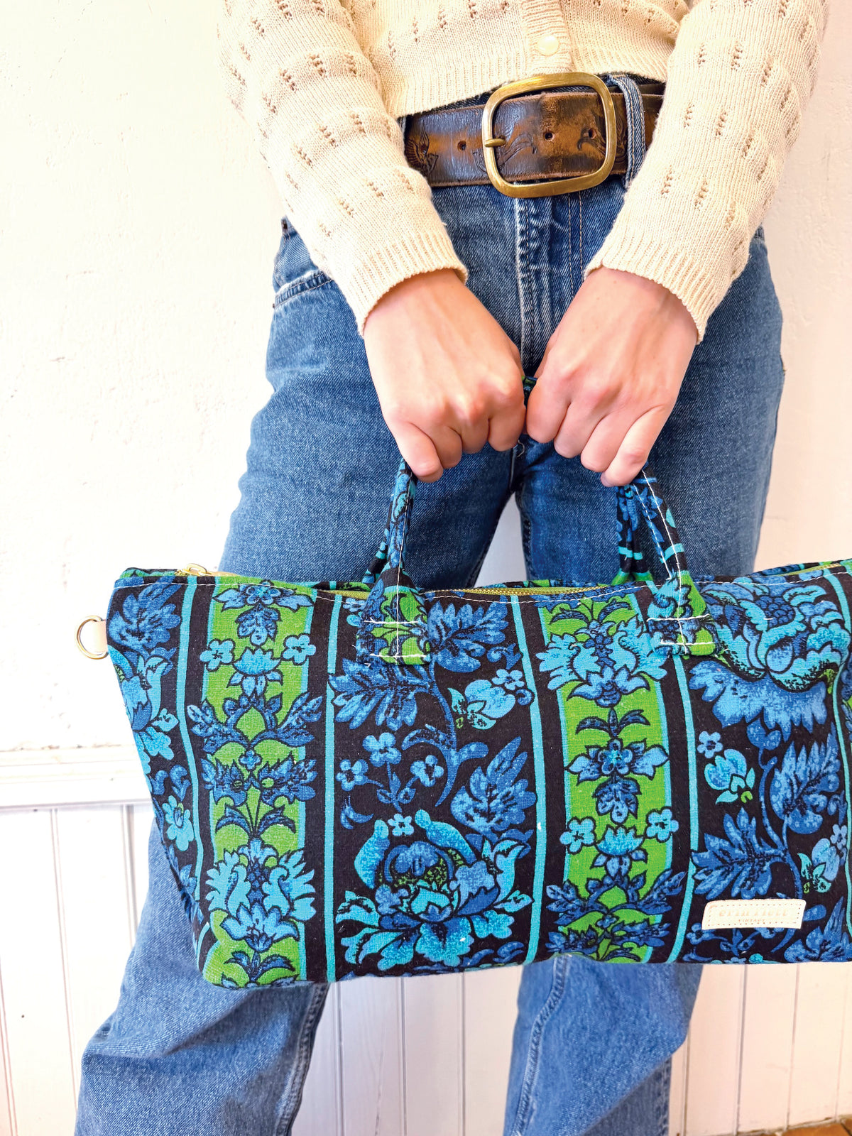 Vintage Satchel - Large Fabric Handle 1960-70's Jacobean Style Floral Intense Cobalt/Royal Blue