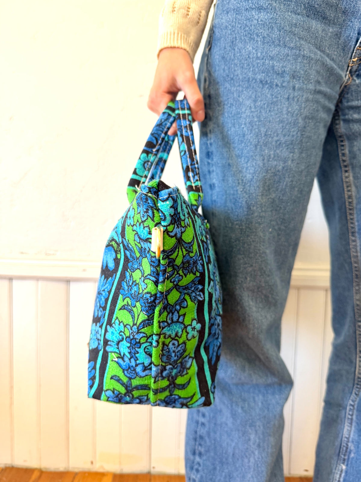 Vintage Satchel - Large Fabric Handle 1960-70's Jacobean Style Floral Intense Cobalt/Royal Blue