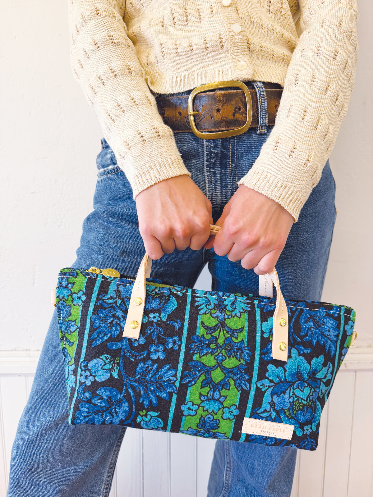 Vintage Satchel - Small Leather Handle 1960-70's Jacobean Style Floral Intense Cobalt/Royal Blue (Copy)