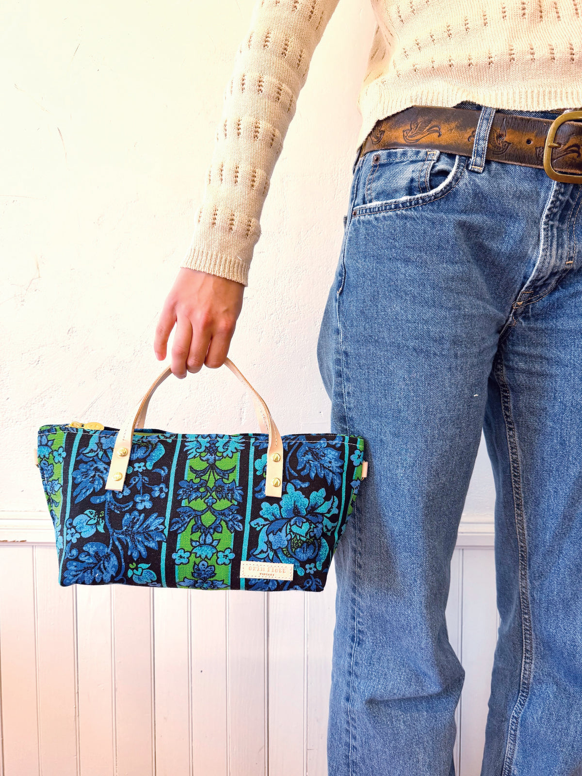 Vintage Satchel - Small Leather Handle 1960-70's Jacobean Style Floral Intense Cobalt/Royal Blue (Copy)