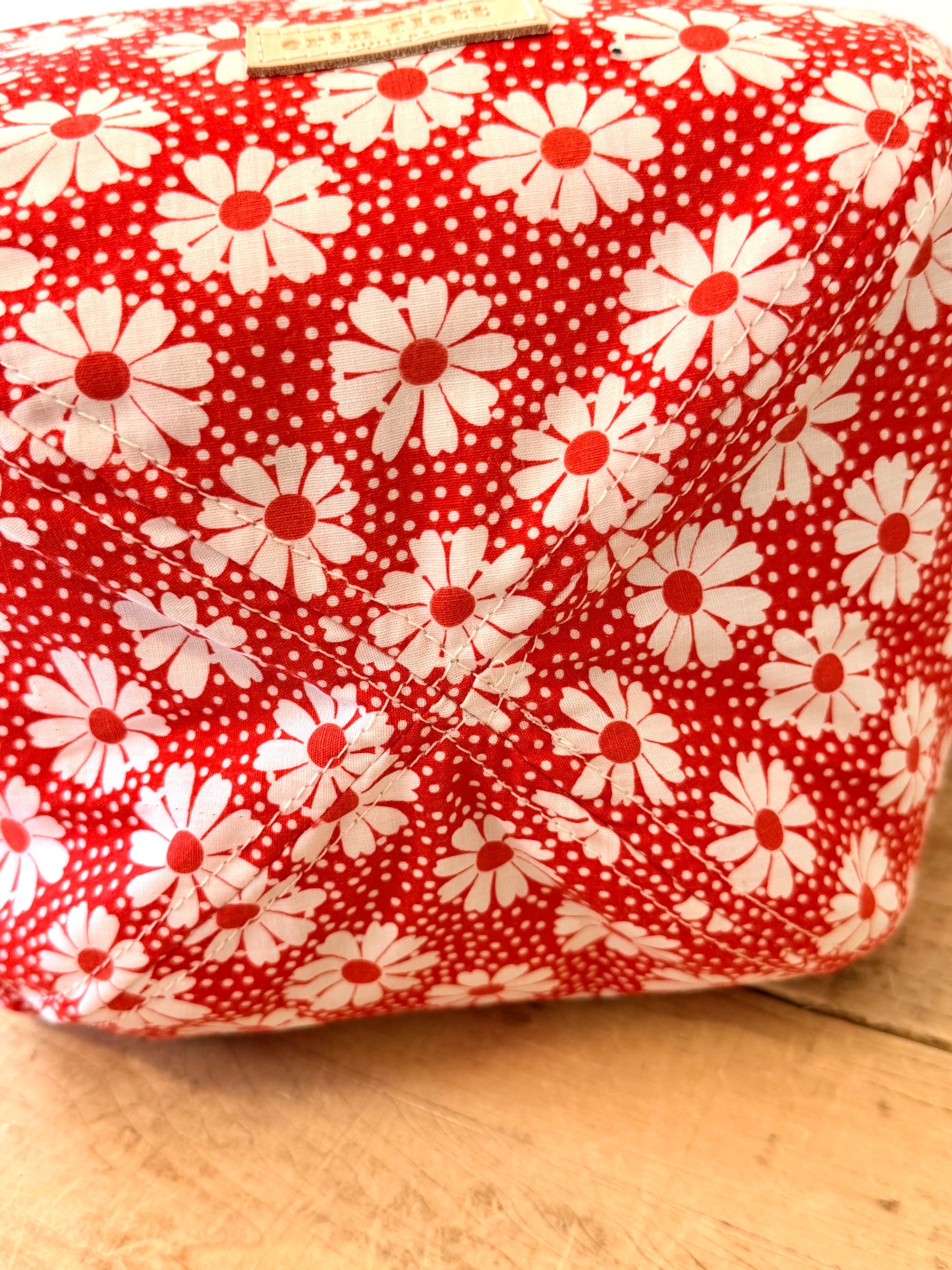 Vintage NEW SMALL Red Daisy Polka Dot Cotton BOHO Tote Bag - WITH Erin Flett print inside