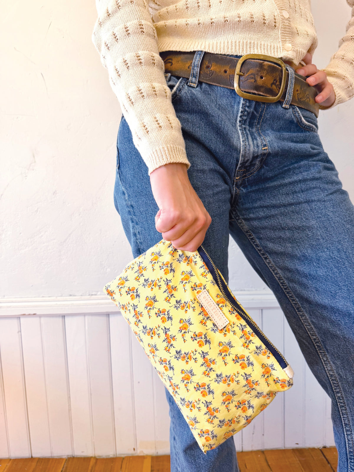 Sweet Yellow Small Floral Laura Bag Zipper Pouch + Erin Flett inside