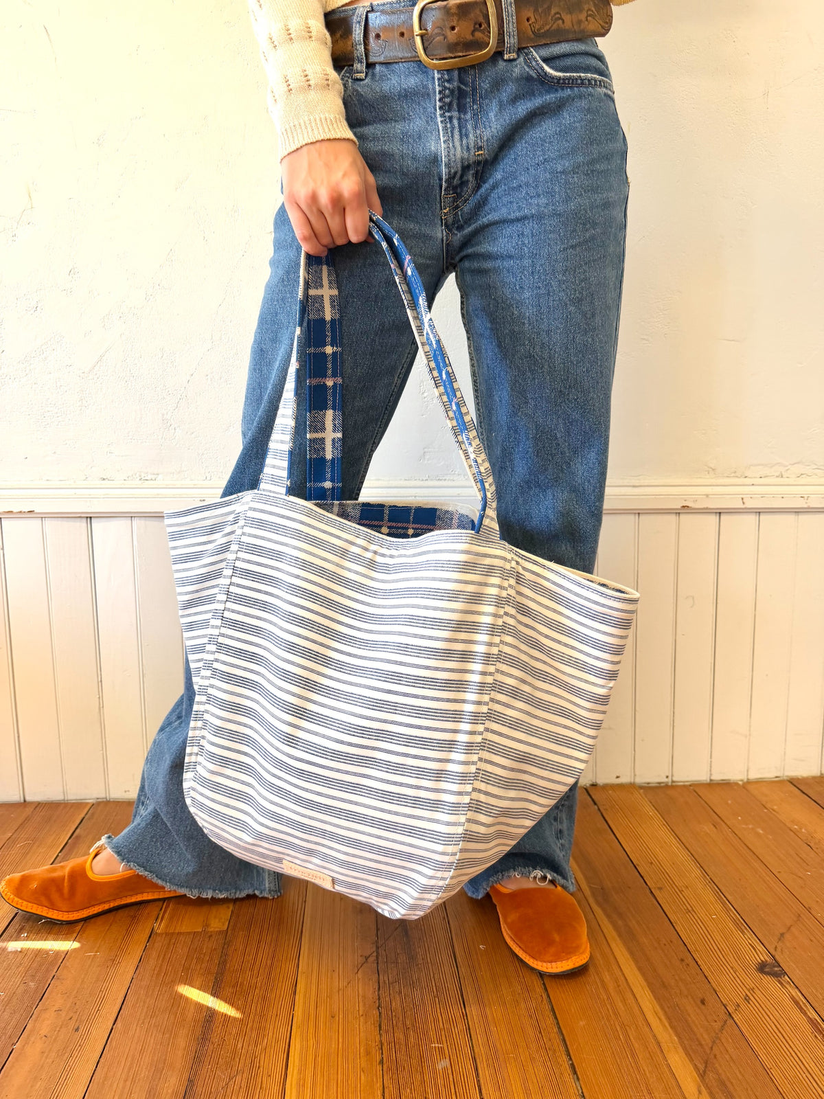 Vintage Boho - 1970's Preppy Navy Skinny Stripe + Erin Flett Plaid inside