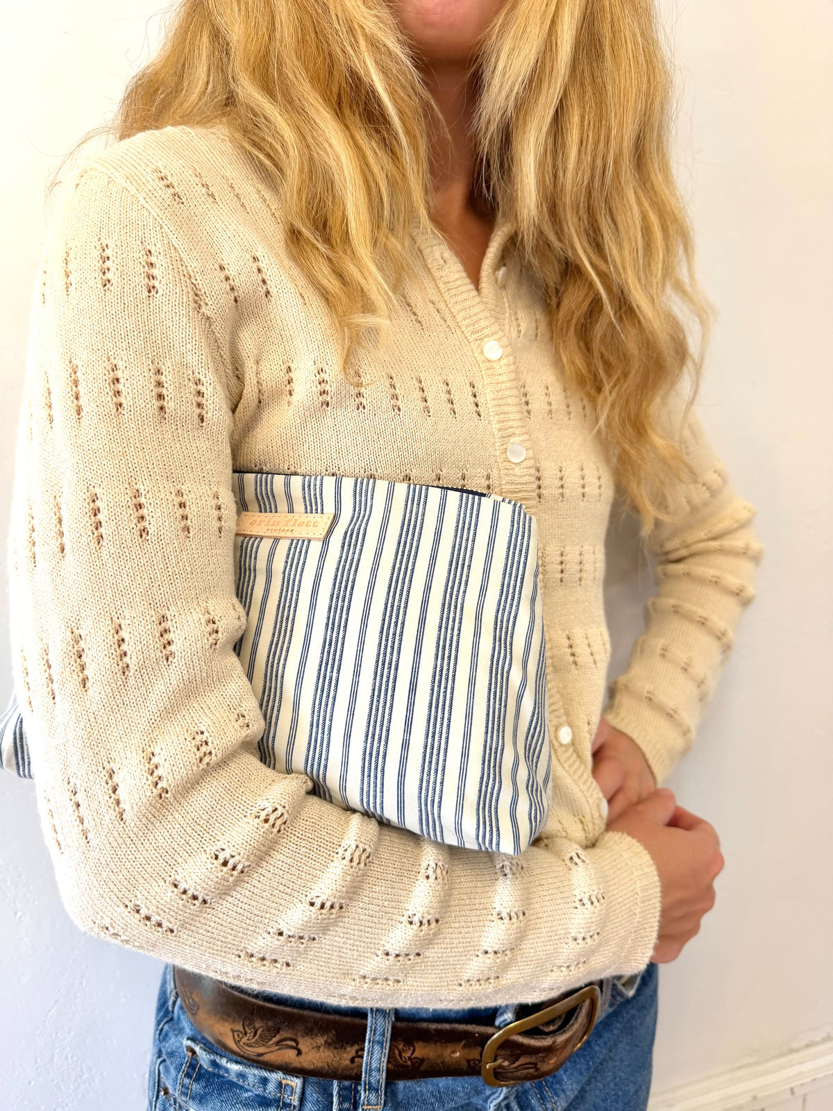 Preppy Vintage Blue Skinny Stripe Laura Bag Zipper Pouch + Erin Flett inside