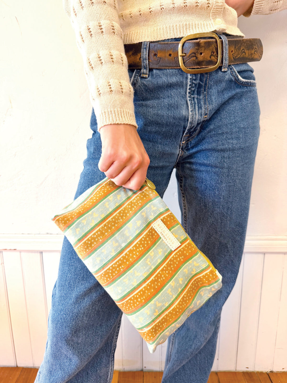 Muted Sienna and Baby Blue and Green Stripe Laura Bag Zipper Pouch + Erin Flett inside