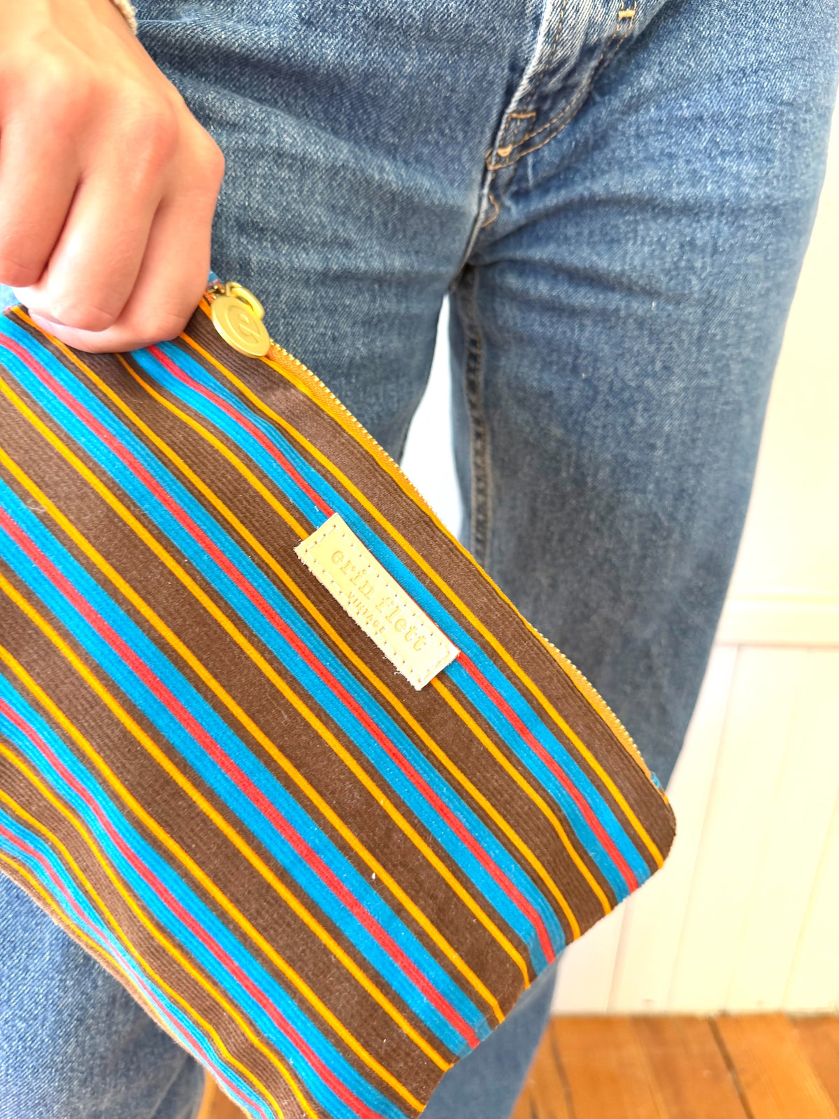 Textured Corduroy Brown, Gold and Blue Laura Bag Zipper Pouch + Erin Flett inside