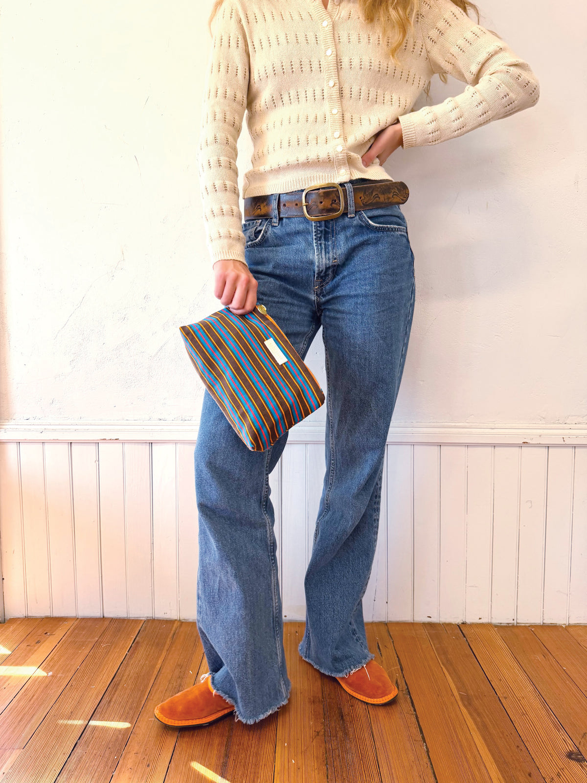 Textured Corduroy Brown, Gold and Blue Laura Bag Zipper Pouch + Erin Flett inside