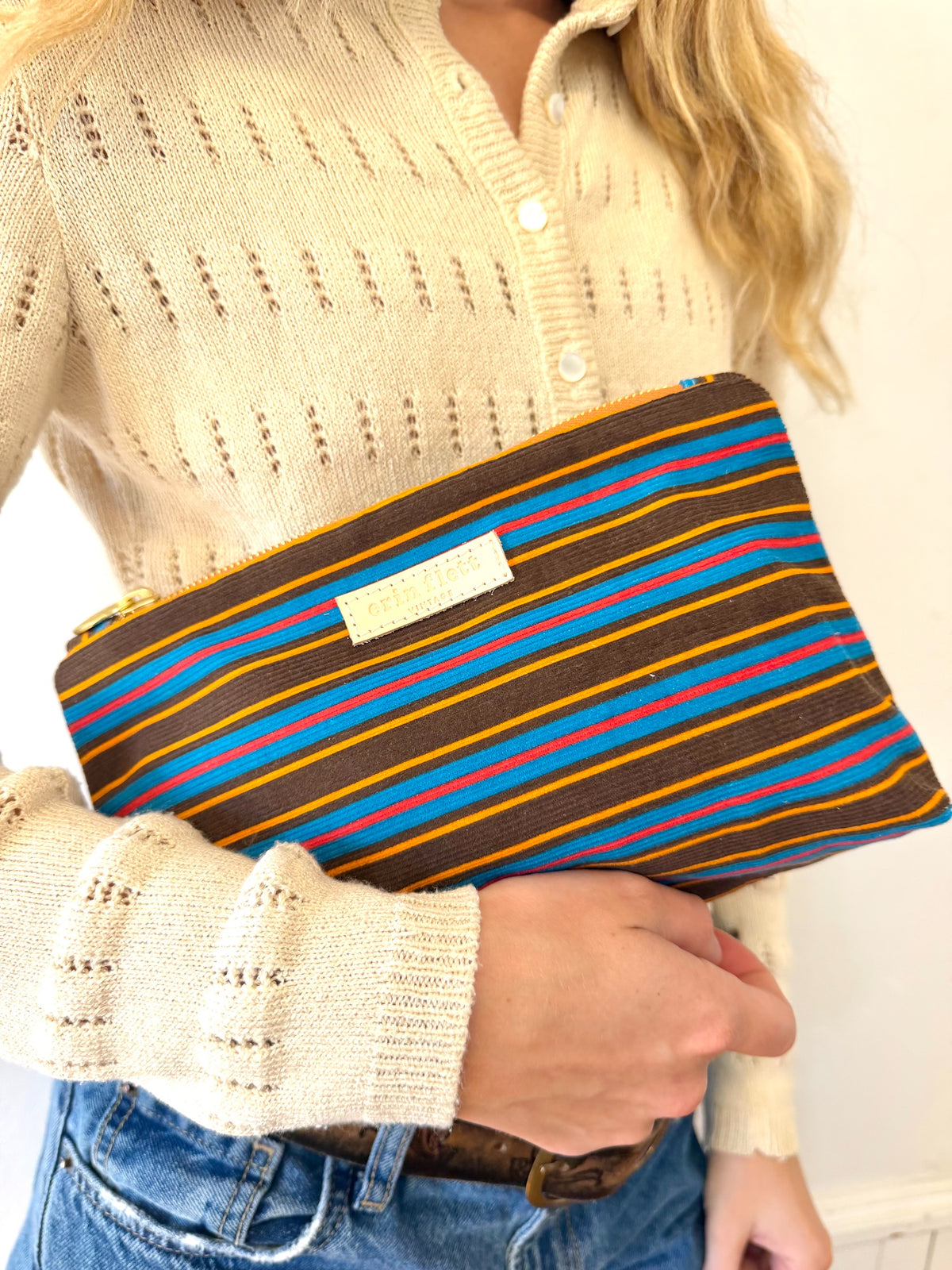 Textured Corduroy Brown, Gold and Blue Laura Bag Zipper Pouch + Erin Flett inside