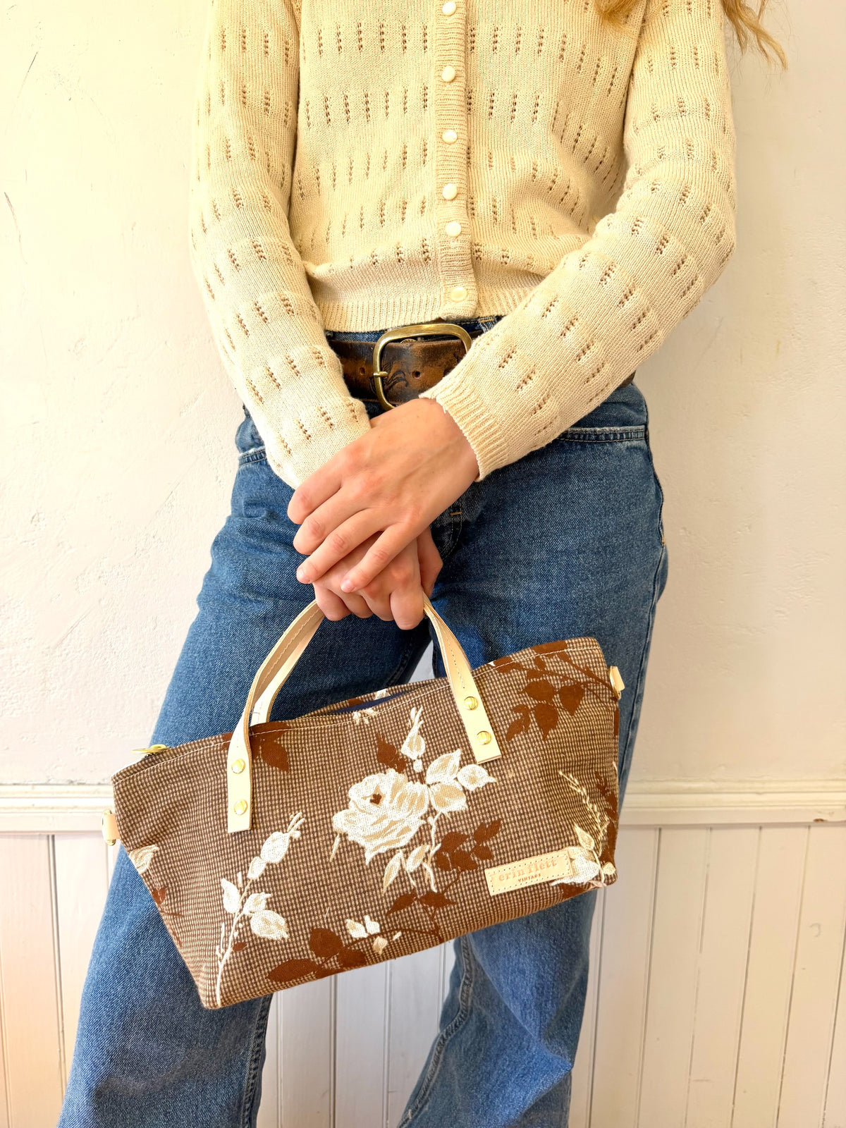 SALE Vintage Small Satchel - Leather Handle - Brown Floral